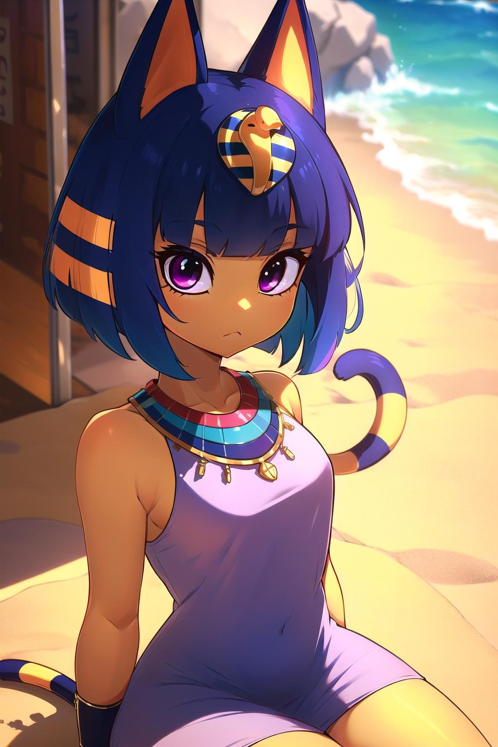 absurdres, highres, ultra detailed, <lora:AnkhaaaV1.3-000012:0.8>, ankha, solo, catgirl, striped tail, petite, blue hair, hair ornament, yellow skin, purple eyes, white dress, sitting, upper body, looking at viewer, outdoors, sand, egyptian