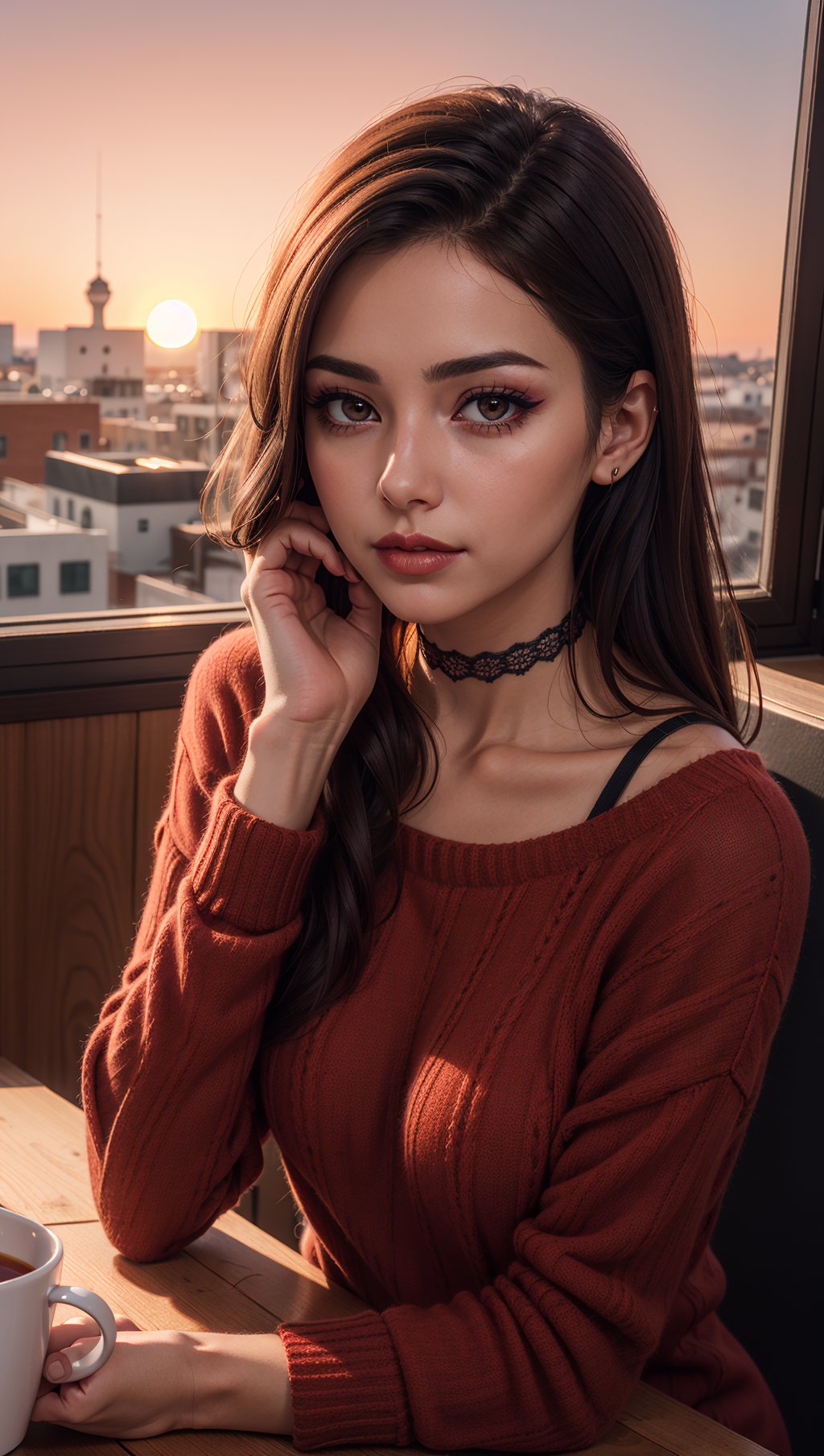 1 young cute iranian girl,very slim,skinny,redhead,rouge,red neck lace choker,cateyes makeup,colorful,oversize knit jumper,softcore,warm lighting,cosy atmosphere,Instagram style,red theme,upper body shot,(cinematic, black and red:0.85),(sunset beautiful background:1.3),sharp,dim colors,