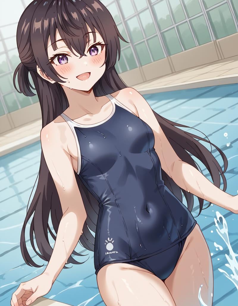 score_9, score_8_up, score_7_up, source_anime, <lora:yuki-suou-alpha-ponyxl-lora-nochekaiser:1>, yuki suou, long hair, bangs, brown hair, black hair, hair between eyes, purple eyes, half updo,, <lora:competition-school-swimsuit-ponyxl-lora-nochekaiser:1>, competition school swimsuit, school swimsuit, trace swimsuit, blue one-piece swimsuit, one-piece swimsuit, swimsuit, wet swimsuit, single vertical stripe, covered navel,, poolside, pool, splashing, smile, open mouth, blush, , cowboy shot, dutch angle