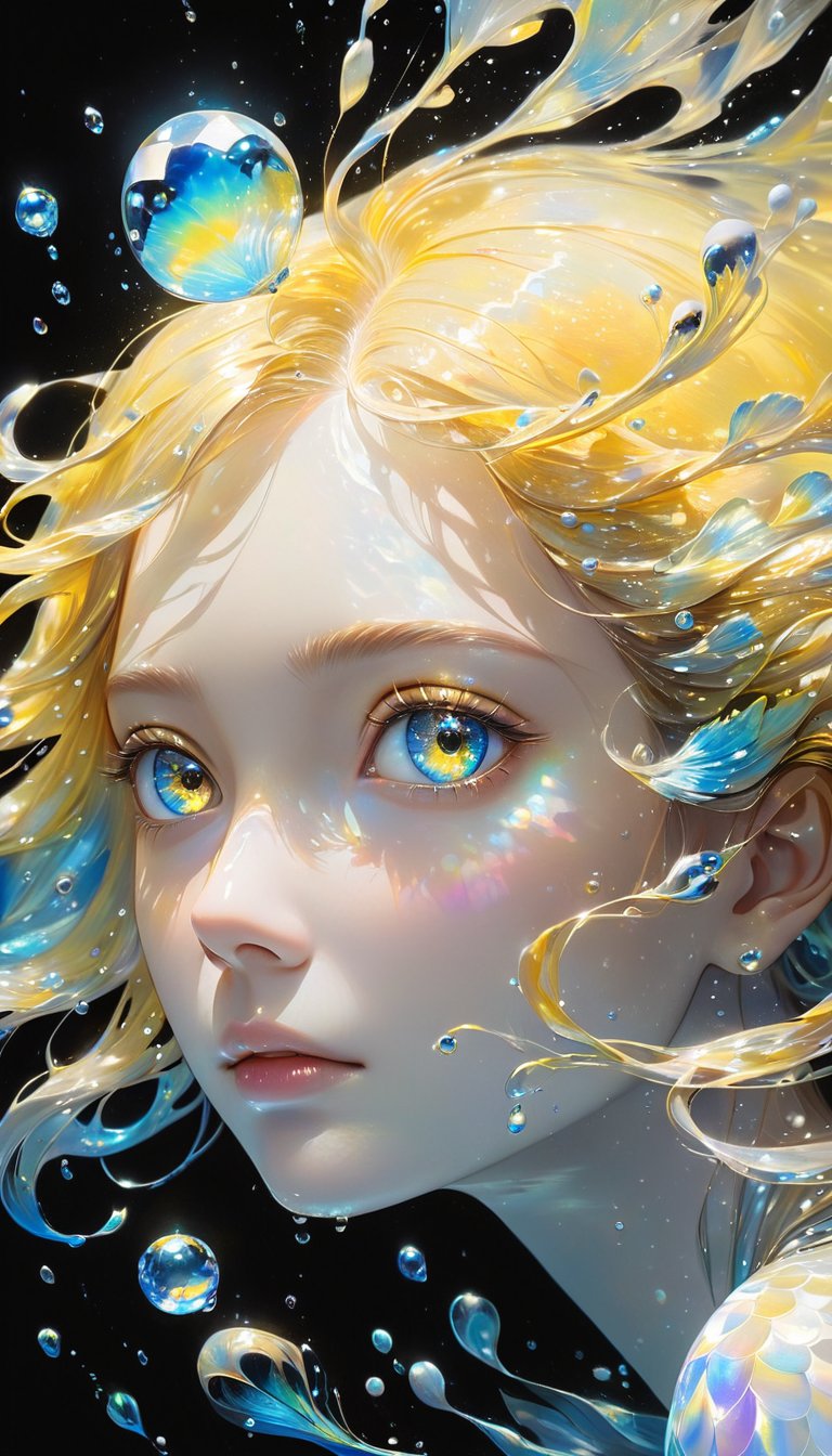 girl swims underwater,hyper detailed render style,glow,yellow,blue,brush,surreal oil painting,shiny eyes,head closeup,exaggerated perspective,tyndall effect,water drops,mother of pearl iridescence,holographic white,black background,