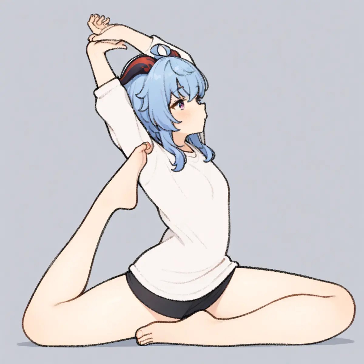 <lora:xl_yujia(a3.1)-000004:1>,yujia pose,stretch,arms up,sitting,full body,profile,split,from side,feet,ganyu \(genshin impact\),horns,, masterpiece,best quality,