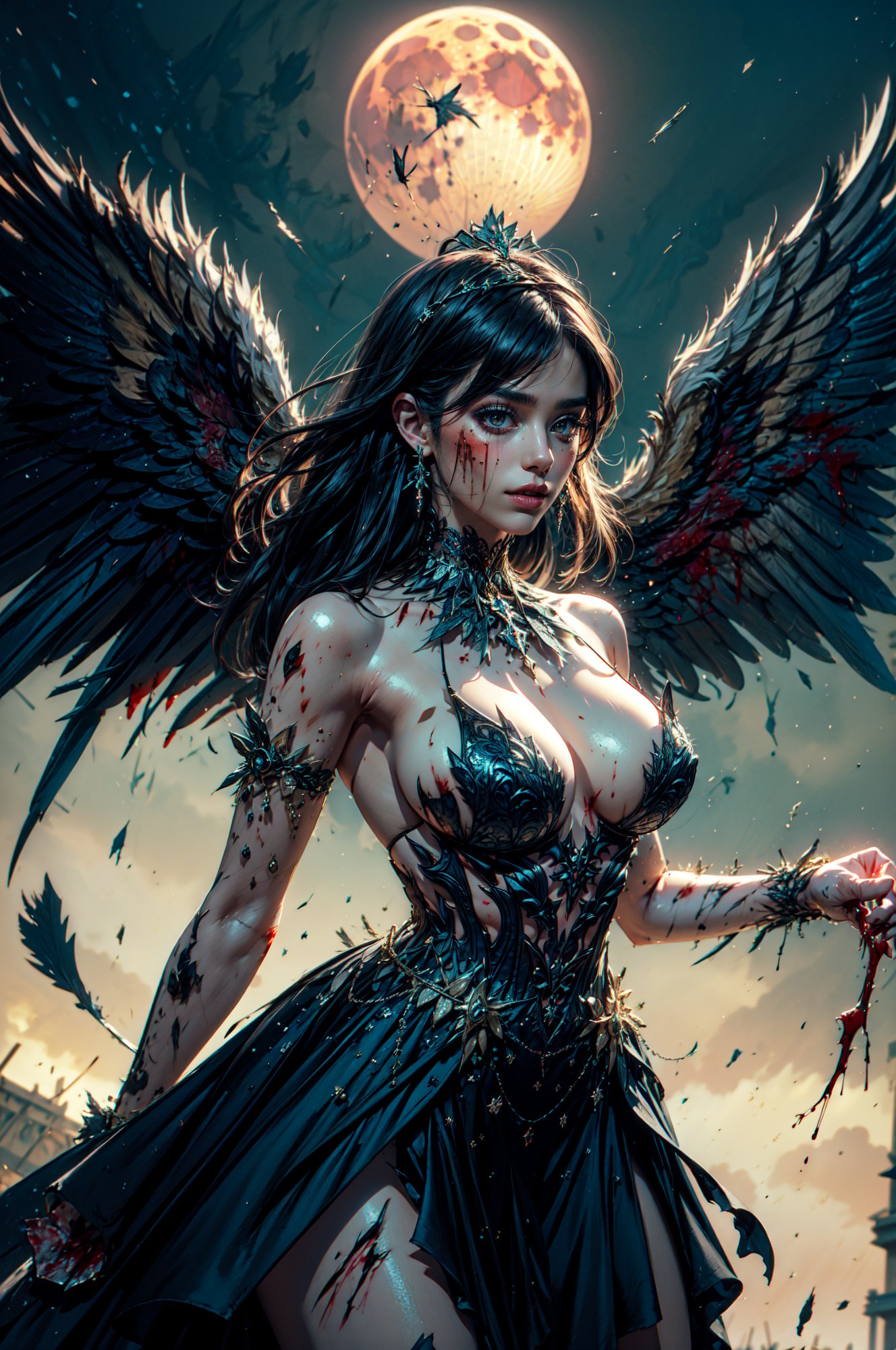 Stunning girl wearing a black LAstargalaxydress, (black dress:1.4), hair moved by wind, (black hair), beautiful red eyes, long hair, <lora:LAstargalaxydress:0.65> , (large black wings), (falling feathers), halo, (onyx tiara), (ornaments_earrings:1.1), large breasts, (torn clothes:1), ((battle worn, tired, bloody. blood splashes):1.3), BREAK,(masterpiece), perfect anatomy, intricate, (highly detailed), photorealistic, perfect anatomy, cinematic lighting, shading, best quality, ultra-detailed, (illustration), looking at viewer,  (extremely detailed dress design), fantasy theme, dynamic pose, stunning details, (heavenly background:1.3), (dark theme:1.3), (battlefield, arrows, battle, red moon, horror), <lora:clothing_explosion_lora01:0.8> <lora:angelx_halo_lora01:0.3> <lora:GoodHands-vanilla:0.8>