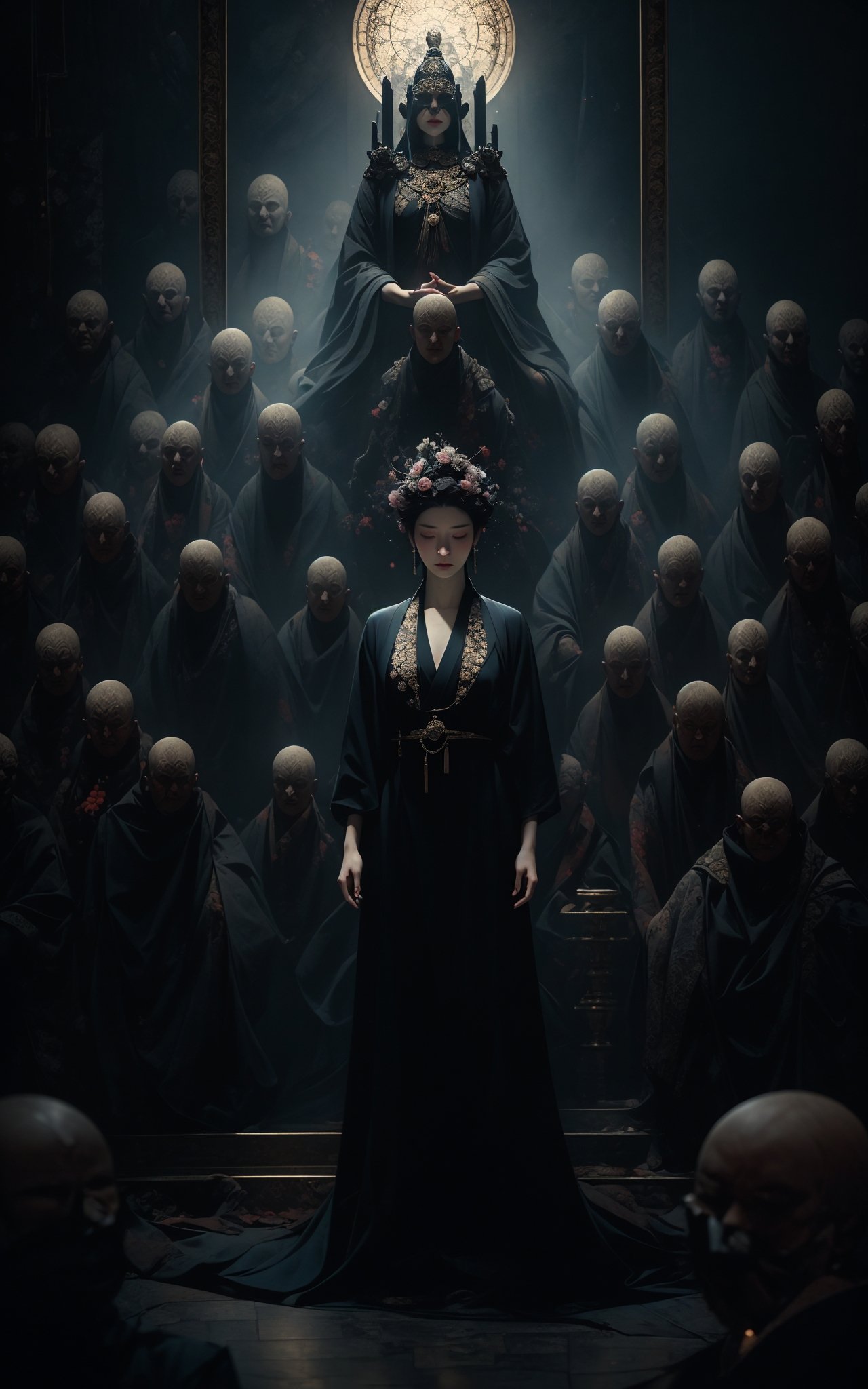 a woman meditating in front of lots of masks, in the style of zhang jingna, photomontage, hirohiko araki, oriental, sergio toppi, theatrical, poster art，(full body:1.5),(dramatic, gritty, intense:1.4),masterpiece, best quality, 8k, insane details, intricate details, hyperdetailed, hyper quality, high detail, ultra detailed, Masterpiece,<lora:绪儿已成精-佛:0.8>