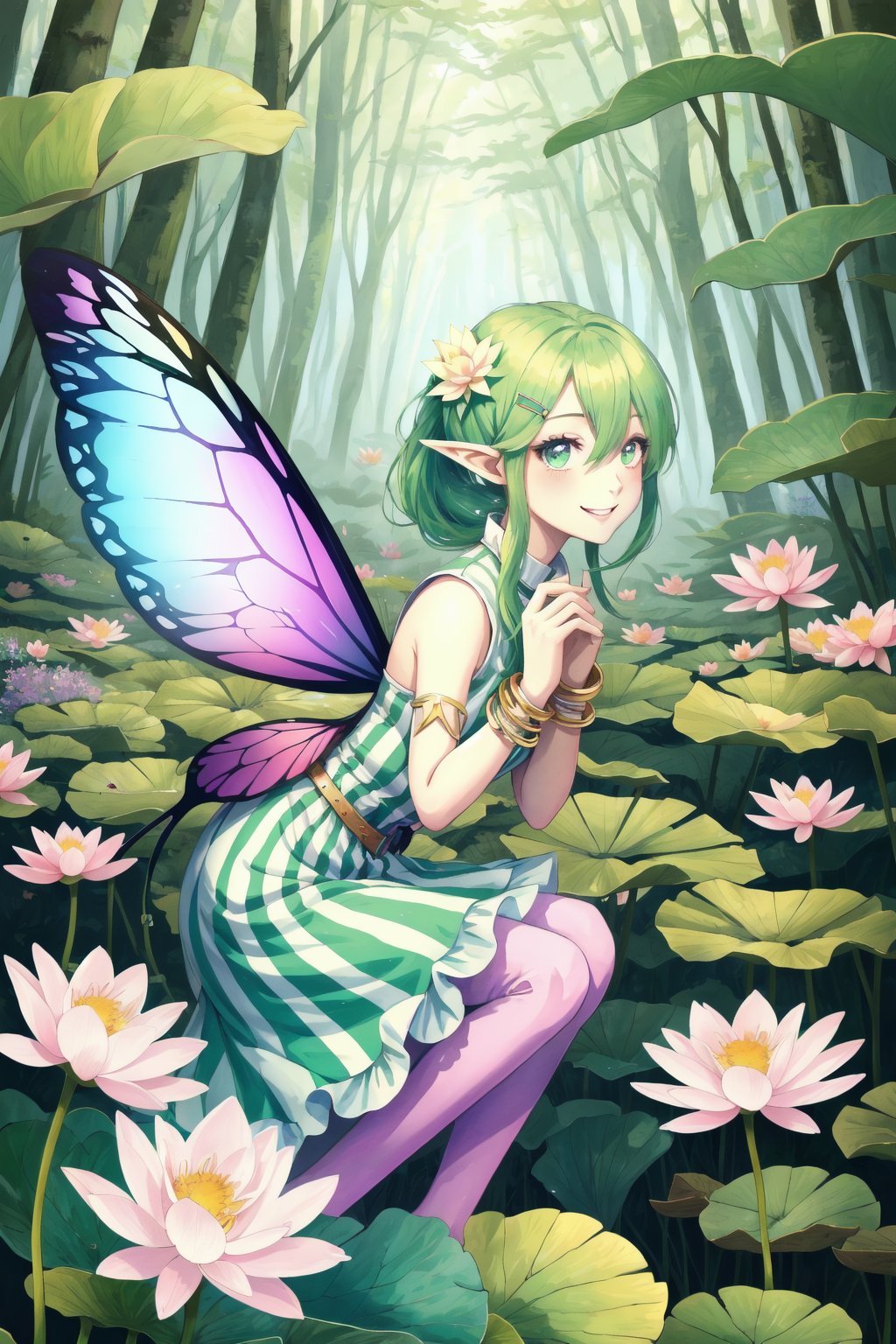 (Masterpiece), (highres), 8k, manga, digital illustration, 2d, retro artstyle, (ultra-detailed), smile, 1girl, solo, dress, jewelry, colorful, frill trim, upper body, lotus position, forest, fairy, butterfly, bloom, wings, dreamy, fantasy, extremely detailed, detailed face, hair between eyes, pointy ears, elf, green hair, grass, oversized flower, blurry background, stylish, expressive, shiny, low ponytail, blush, hairclip, gradient, striped background, looking at viewer, fun, expressive, full body, cowboy shot, fully clothed, (8k resolution), 0kazu<lora:EMS-369910-EMS:0.700000>