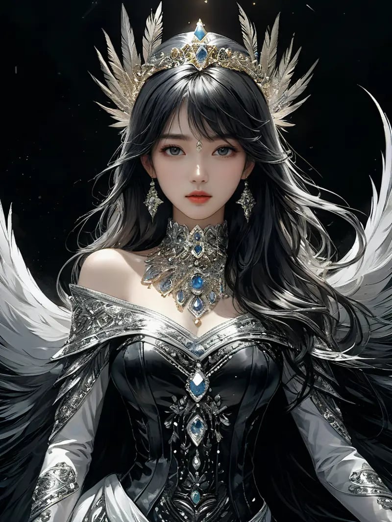 (((masterpiece))),best quality, illustration,(beautiful detailed girl), a girl ,solo,bare shoulders,flat_chst,diamond and glaring eyes,beautiful detailed cold face,very long blue and sliver hair,floaing black feathers,wavy hair,black and white sleeves,gold and sliver fringes,a (blackhole) behind the girl,a silver triple crown inlaid with obsidian,(sit) on the black ((throne)), (depth) of (field)