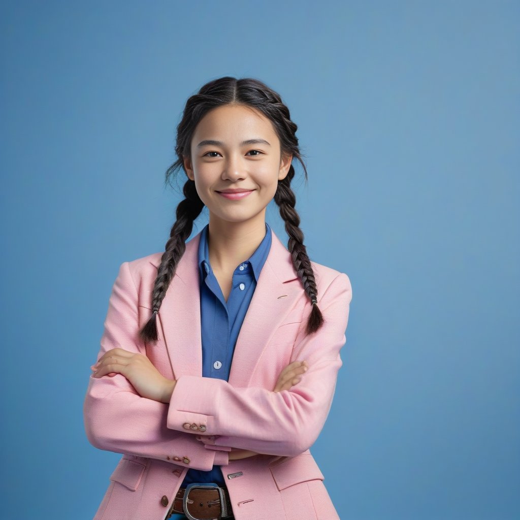 1girl,solo,(pink suit:1.2),shirt,black-hair,braided hair,light smile,looking at viewer,(natural skin texture, soft light, sharp),pure Klein blue background,High resolution,chocolae light,((Hasselblad photography)),(straight-on:1.3),(cowboy shot:1.5),full body,cinematic lighting,Sony FE,depth of field,Fujicolor,anatomically correct,textured skin,award winning,best quality,retina,