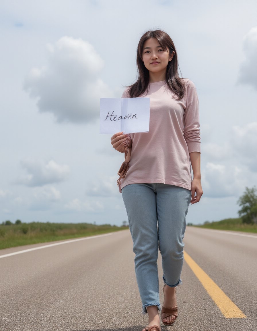 realistic photo of a Japanese woman, young woman, shiho, young, Photorealistic image of a female hitchhiker standing by the road, holding a sign reading "Heaven," casual outfit, natural lighting, wide-open road, warm tones, serene expression, Canon EOS R5, detailed textures, expansive sky, journey theme, commercial appeal. <lora:ShihoActualJapaneseFlux25K003-UNET:1>, (best quality), (masterpiece), 16k, 8K, ultra detailed, detailed skin, detailed face, masterpiece, best quality, ultra-detailed, intricate details, high resolution, 8k, sharp focus, vivid colors, high contrast, cinematic lighting, [:(smile for camera):0.3]