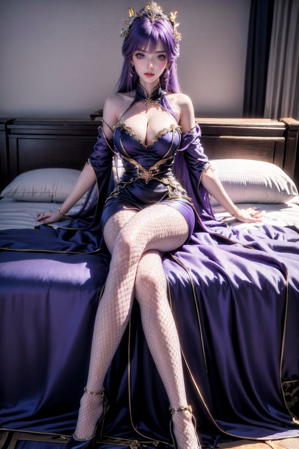 <lora:AgainRealistic_v2.0:1>,AgainRealistic_v2.0, 1girl, solo, breasts, sitting, pantyhose, pillow, jewelry, fishnets, dress, looking at viewer, bed, crossed legs, purple hair, black dress, fishnet pantyhose, long hair, earrings, cleavage, on bed, full body, indoors, high heels, black footwear, purple nails, red lips, parted lips, hair ornament, nail polish, large breasts, bare shoulders, strapless, short dress, bracelet, makeup, medium breasts, lipstick, arm support, brown eyes, tiara, bed sheet