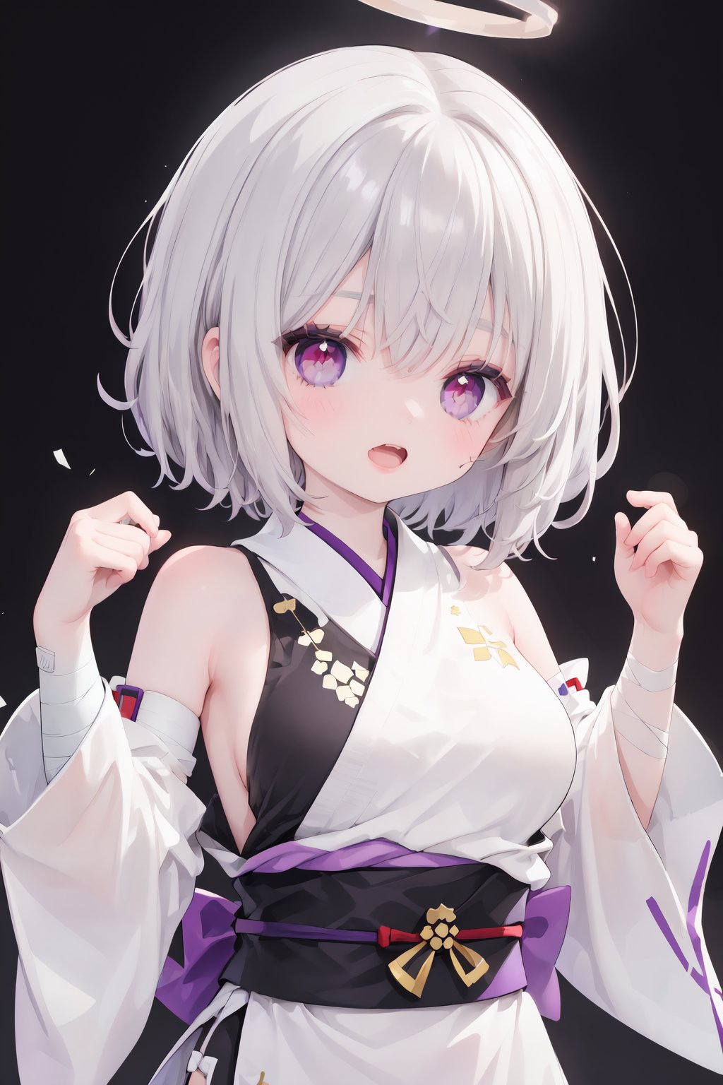 1girl, solo, grey hair, simple background, white background, wide sleeves, bangs, bandages, detached sleeves, red eyes, open mouth, long sleeves, looking at viewer, halo, sash, bare shoulders, sleeveless, fang, bandaid, black sleeves, purple eyes, bandaged arm, short hair, obi, breasts, sideboob, hands up