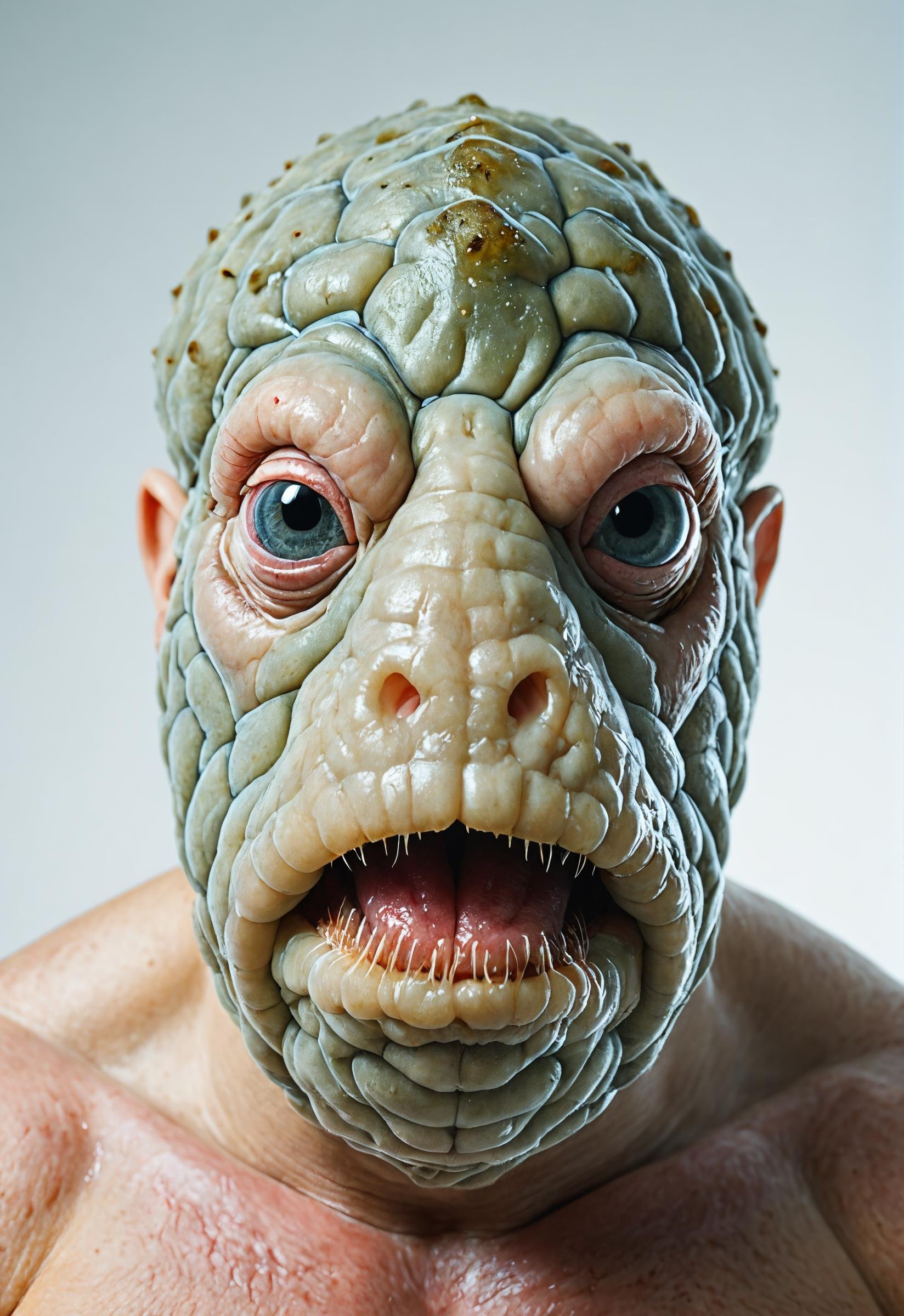 photo,mutation,human with tardigrade head face,studio lighting,white background <lora:Photoreal:1.1>    