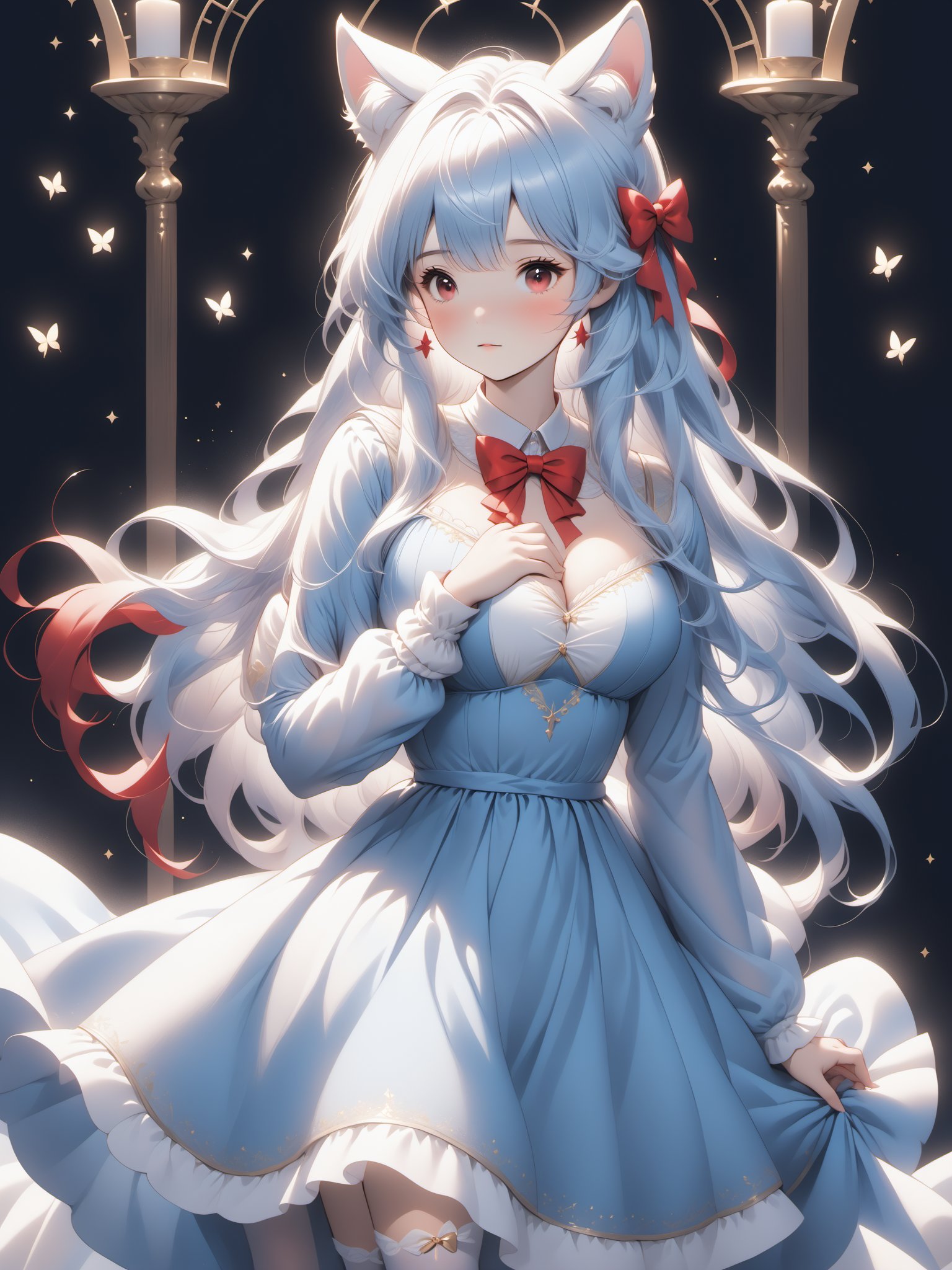 1girl, multiple colored hairs,hair,lovely,cute,whole bodyblue bow,animal ears, red eyes, long hair, very long hair, long sleeves, solo, bow, hair between eyes, bangs,dress, legwear,white hair, chest,pray,Cleavage of breast