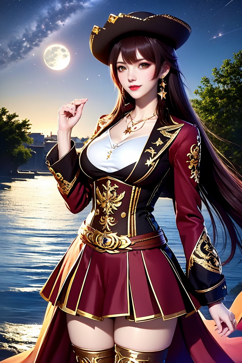 1girl, night, moon, breasts, solo, star \(sky\), long hair, night sky, jewelry, sky, full moon, cleavage, earrings, hat, looking at viewer, thighhighs, starry sky, skirt, necklace, outdoors, red skirt, white thighhighs, shooting star, large breasts, red lips, red hair, long sleeves, pleated skirt, hand up, belt, brown eyes, very long hair, cowboy shot, lips, pirate hat, standing, tree, shirt, white shirt, makeup, pirate, gloves, black headwear, parted lips, brown hair, collarbone, jacket, closed mouth, eyelashes, frills, cross, corset, black jacket, single glove, floating hair, pantyhose, miniskirt, moonlight, building, water, star \(symbol\), cloud, smile, zettai ryouiki, lipstick, lace trim, medium breasts
