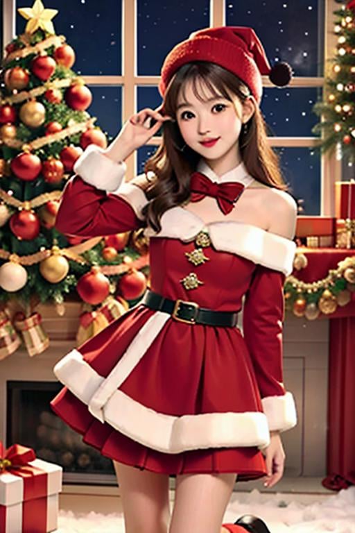 (masterpiece:1.2), best quality, masterpiece, highres, original,perfect light, 4k,8k,1girl, animal costume, antlers, aurora, bag, bare shoulders, bell, belt, bobblehat, boots, bow, bowtie, box, brown hair, candy cane, capelet, carrying over shoulder, champagne, champagne flute, chicken \(food\), chimney, christmas, christmas lights, christmas ornaments, christmas tree, deer ears, fake antlers, fake facial hair, fake mustache, fireplace, fur-trimmed boots, fur-trimmed capelet, fur-trimmed dress, fur-trimmed gloves, fur-trimmed headwear, fur-trimmed hood, fur-trimmed legwear, fur-trimmed shorts, fur-trimmed skirt, fur-trimmed sleeves, fur trim, gift, gift bag, gift box, green ribbon, hair bell, hat, holding bag, holding candy, holding gift, holding sack, holly, indoors, looking at viewer, merry christmas, neck bell, night, night sky, ornament, over shoulder, pine tree, pom pom \(clothes\), red bow, red capelet, red dress, red gloves, red headwear, red skirt, red sleeves, reindeer, reindeer antlers, reindeer costume, rooftop, sack, santa bikini, santa boots, santa costume, santa dress, santa gloves, santa hat, smile, snow, snowflake background, snowflake hair ornament, snowflake print, snowflakes, snowing, snowman, solo, star \(sky\), starry sky, striped ribbon, window, wreath, <lora:christmas:0.7>