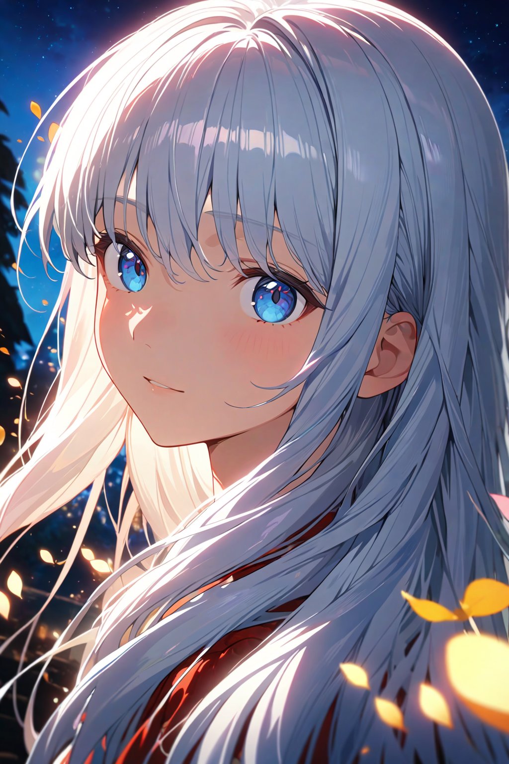 1girl, solo, upper body, (fantasy), (dark:1.2), (depth of field:1.2), (night), (Fantastic lighting), looking at viewer, white hair, long hair,best quality, 4K, ultra detailed CG, highres, source anime, newest