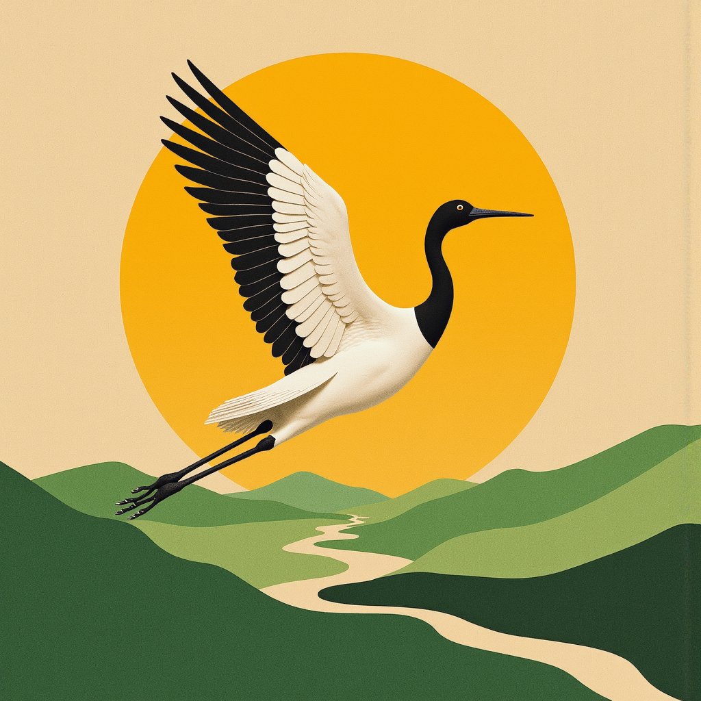 there is a bird flying over a green field with a yellow sun,victo ngai fine texture,victo ngai style,japanese crane bird in center,crane,Victo Ngai,victo ngai. unreal engine,japanese art on behance,cranes,victo ngai, muted colors,victo ngai and surrealism,origami crane drawings,trend on behance illustration,( ( victo ngai ) ),behance. high detail,wes anderson background,victo ngai, cmyk palette,hanging silk scroll,intricate details illustration,illustrations of animals,victor ngai,fictitious birds fly,behance. polished,victo ngai and tristan eaton,animation illustrative style,**** of silk paper,nature journal cover,Petros Afshar,hermes ad,detailed book illustration,exquisite imaginative poster art,victo ngai, muted sepia colors,behance favourite,