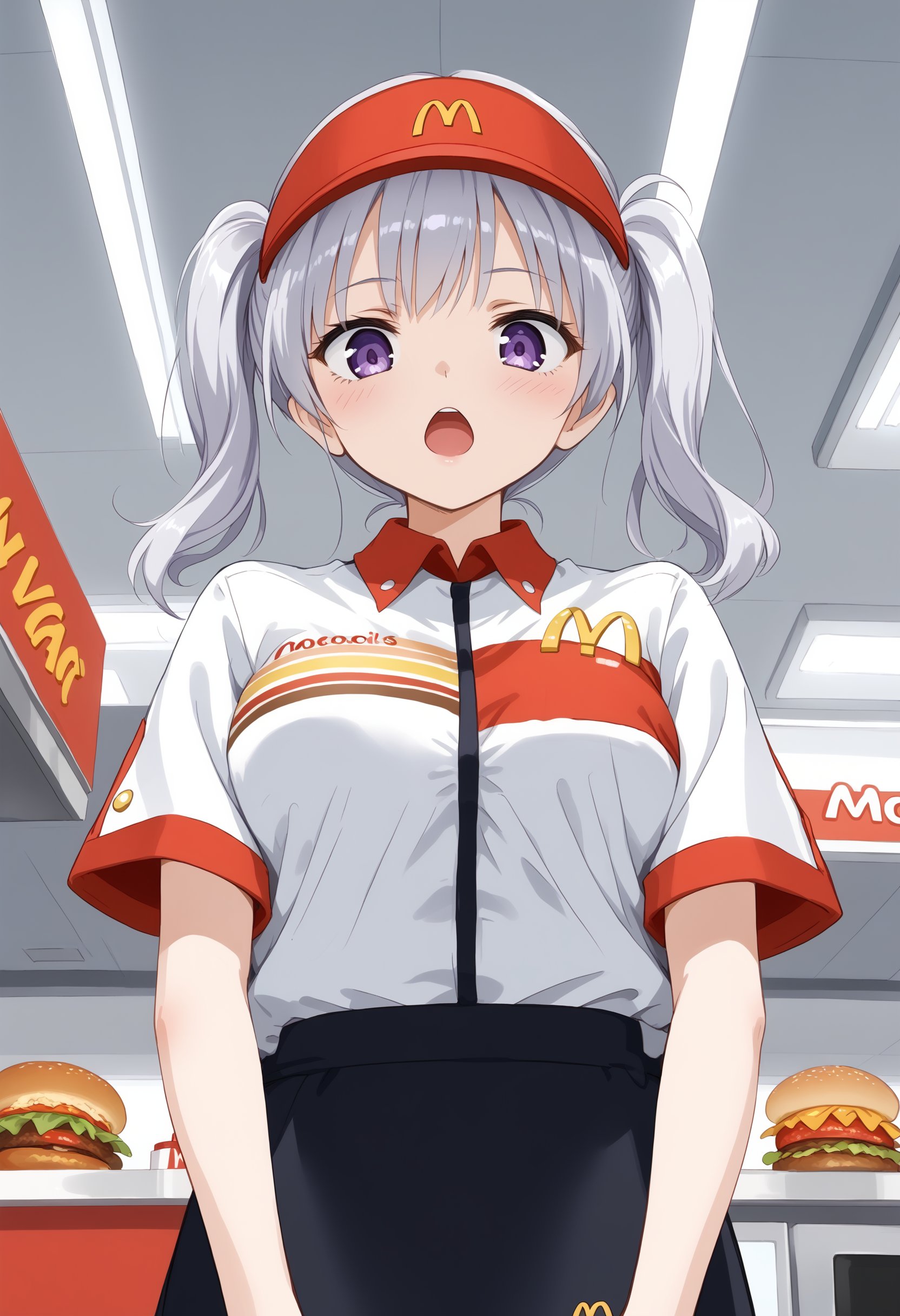 1girl, medium breasts,mac,employee uniform, fast food uniform, visor cap, short sleeves, clothes writing, <lora:Mac_Pony_v1:0.7>mcdonald's,ceiling, cinematic angle, looking down, silver hair, purple eyes,panicking,  open mouth, tri tails hair,,