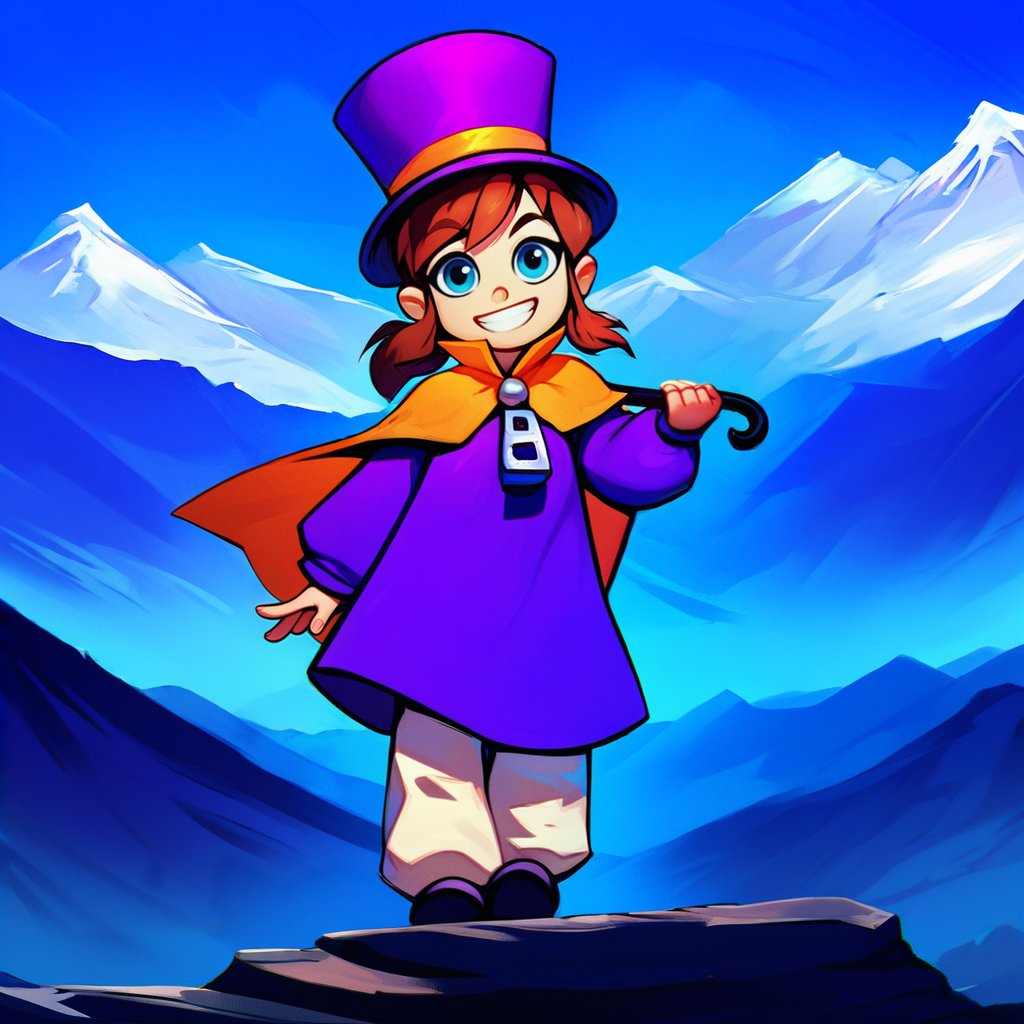 <lora:hatkid:1>,1girl,solo,hat-kid,brown hair,sidelocks,ponytail,blue eyes,purple top hat,purple dress,yellow cape,zipper pull tab,white pants,looking at viewer, smile, holding umbrella like a cane, grin, outdoors, mountain, mountainous horizon, standing on rock,, score_9, score_8_up, score_7_up, perfect anatomy, source_anime, zPDXL2,