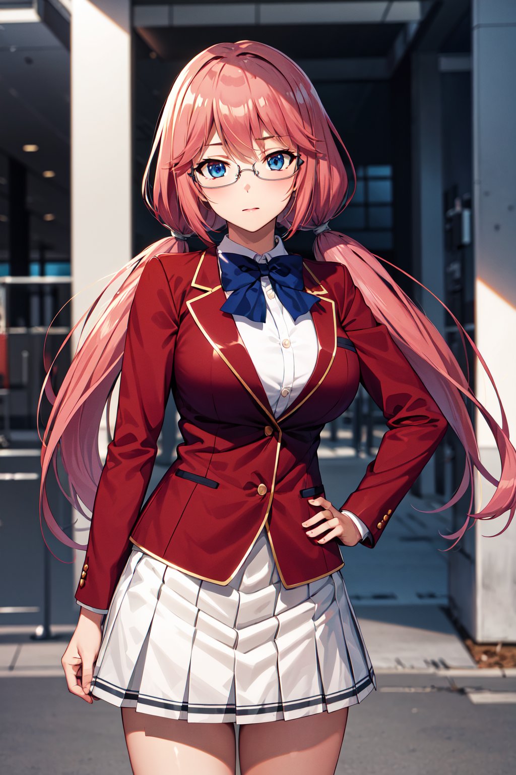 masterpiece, best quality, highres, 1girl, solo, long hair, pink hair, low twintails, blue eyes, glasses, large breasts, school uniform, blue bowtie, blazer, red jacket, long sleeves, white skirt, <lora:sakura_airi_v1:0.7>,  hand on hip, building, standing, cowboy shot,