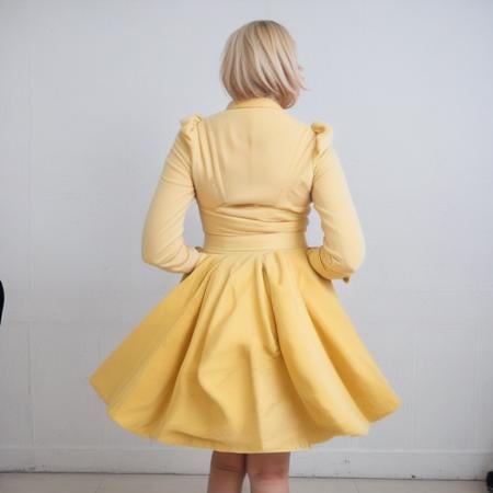 Real, real life, 1girl, blonde, wearing a yellow pr1nc0at, from behind