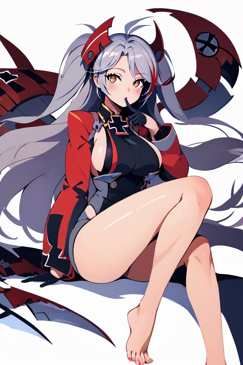 score_9, score_8_up, score_8, (curvy), cute, eyelashes, detailed face, detailed eyes, zzPrinz, Prinz Eugen Azur Lane, looking at viewer, blush, simple background, white background, sitting, grey hair, barefoot, black gloves, headgear, finger to mouth, indian style, <lora:Prinz_Eugen_P1:0.8>, <lora:FlatAnimeP1:1.2>,