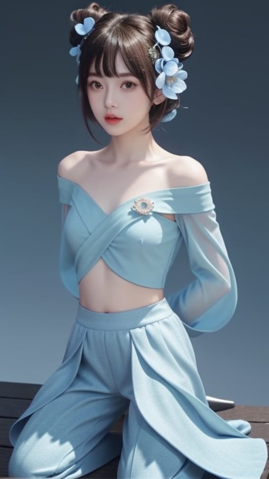 (1girl),smooth chin,masterpiece,detailed face,((hair ornament)),top quality,4k,make up,best quality,medium breasts,(looking at viewer),long legs,double bun,jewelry hair,dress,detached sleeves,ribbon,shawl,light blue skirt,puffy pants,hair rings,hair flower,(wariza),(arms behind back),bangs,jewelry on bangs,<lora:王者 小乔 青蛇SD_v1.0:0.6>,