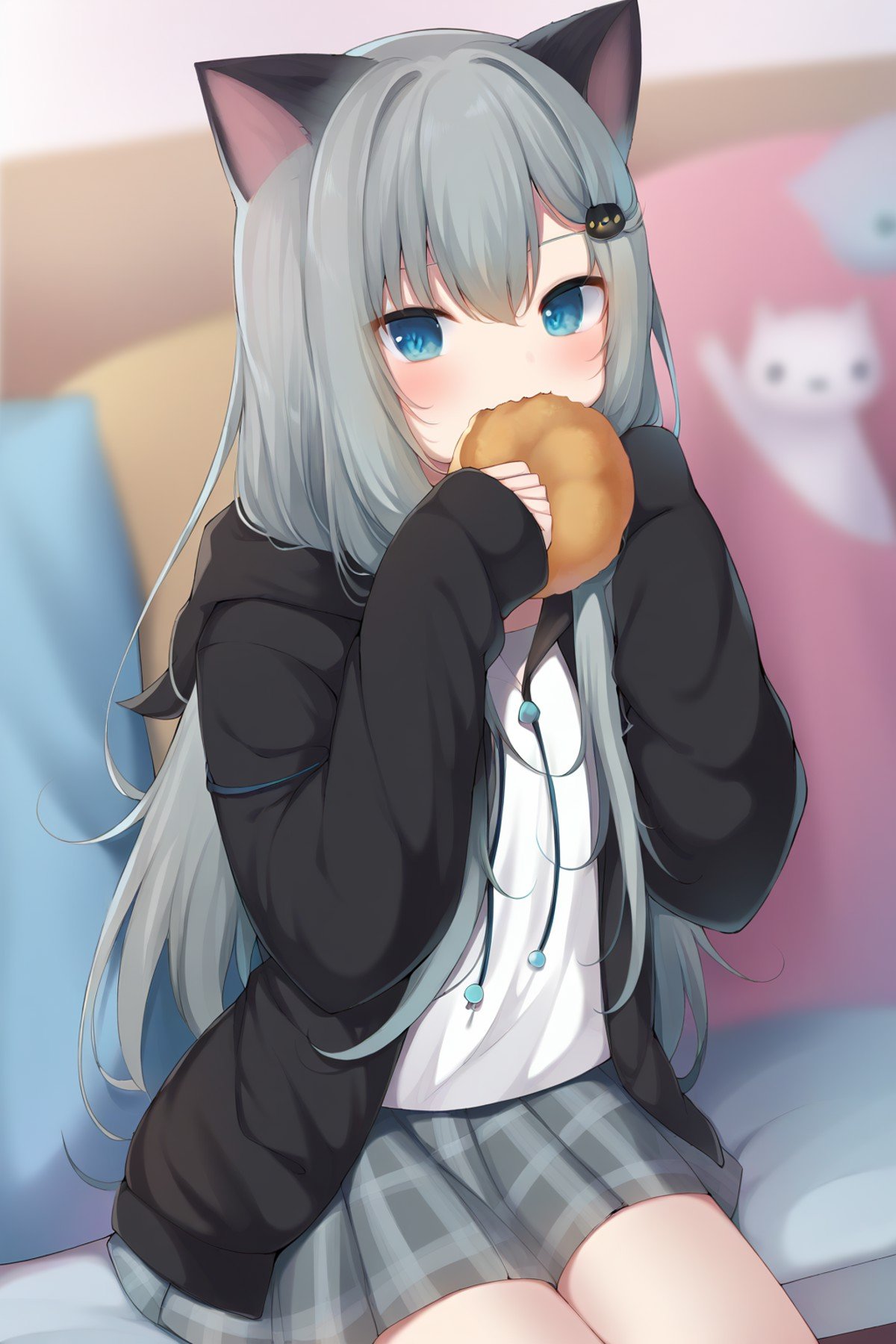 <lora:maoyubian_PONY:1>,1girl,food,animal ears,solo,skirt,long hair,cat ears,hair ornament,grey hair,blue eyes,bangs,sitting,hood,long sleeves,holding,sleeves past wrists,pleated skirt,grey skirt,looking at viewer,hood down,plaid,plaid skirt,holding food,depth of field,eating,black jacket,blurry,very long hair,blush,jacket,hairclip,hands up,closed mouth,drawstring,hooded jacket,food-themed hair ornament,blurry background,cat girl,shirt,hair between eyes,puffy long sleeves,eyebrows hidden by hair,hoodie,