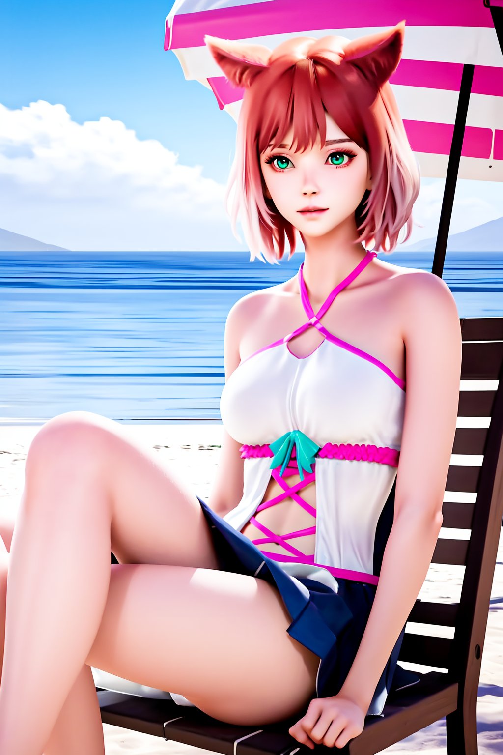 (best quality,masterpiece:1.2),ultra detailed,8k,RAW photo,realistic,photorealistic,ultra-detailed,intricate detail,extremely detailed,delicate pattern,looking at viewer,<lora:C_白桃_AUG:0.7>,beach,sand,outdoors,tree,umbrella,1girl,solo,baitao,animal ears,green eyes,cat ears,short hair,pink hair,halterneck,bare shoulders,dress,skirt,navel,panties, sitting, crossed legs, 