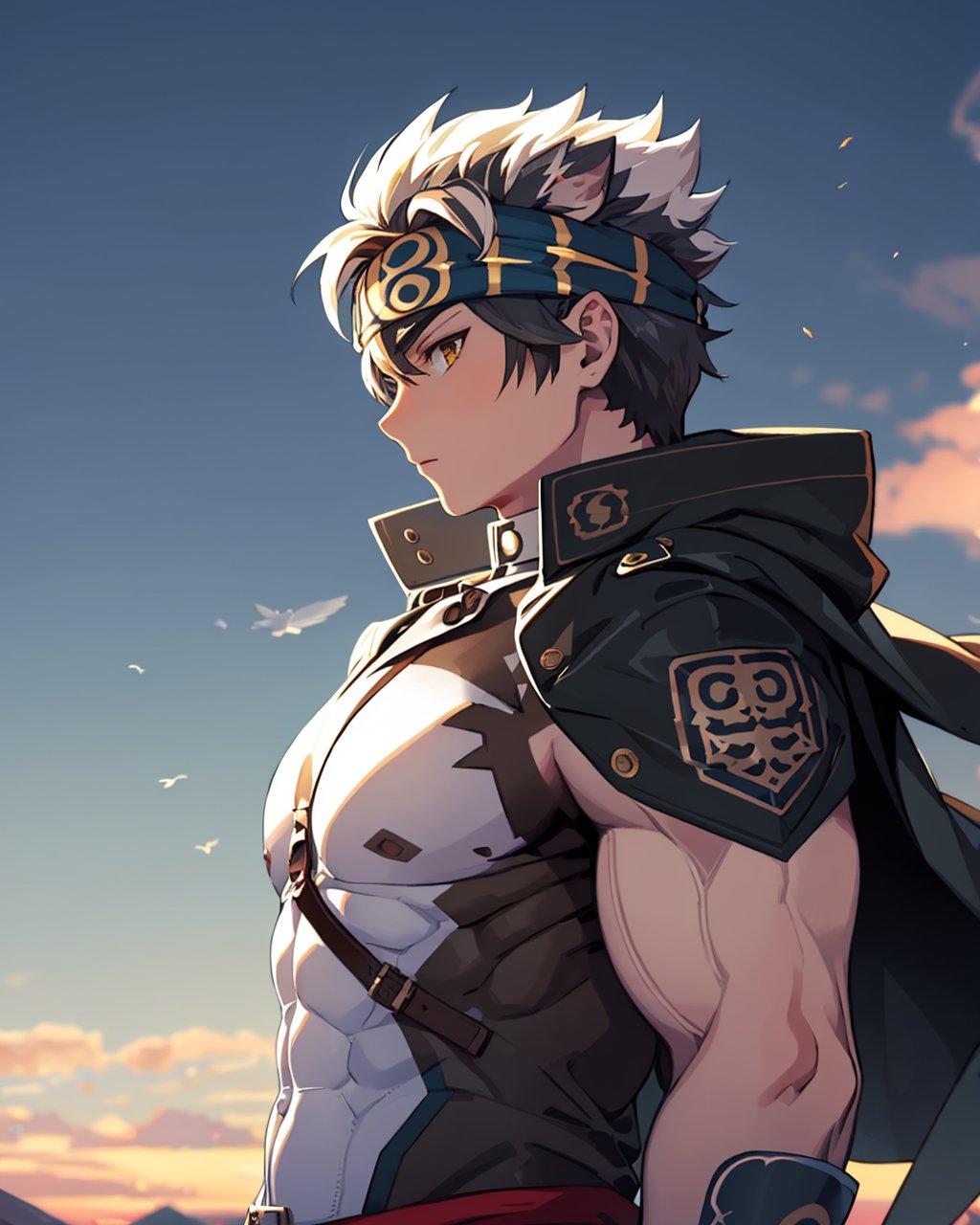 masterpiece,best quality, highly detailed, horkeu kamui,1boy, solo, muscular male, jacket on shoulders, bara, headband, ainu clothes, large pectorals, revealing clothes, from side, upper body, wind, bare pectorals,<lora:horkeu_kamui:1>