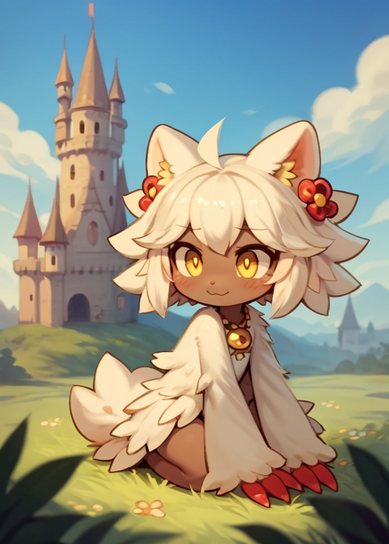 (by C-3Matome, by Wamudraws, by Waspsalad, by Waspsalad), chibi (faputa:1.3), yellow eyes, (horizontal pupils), brown skin, white fur, red claws, white fluffy tail, three-quarter view, half-length portrait, BREAK, castle, fantasy, morning, plant, sky, cloud, detailed background, foreground, depth of field, ambient silhouette, masterpiece, best quality, light, 4k, 2k, photography