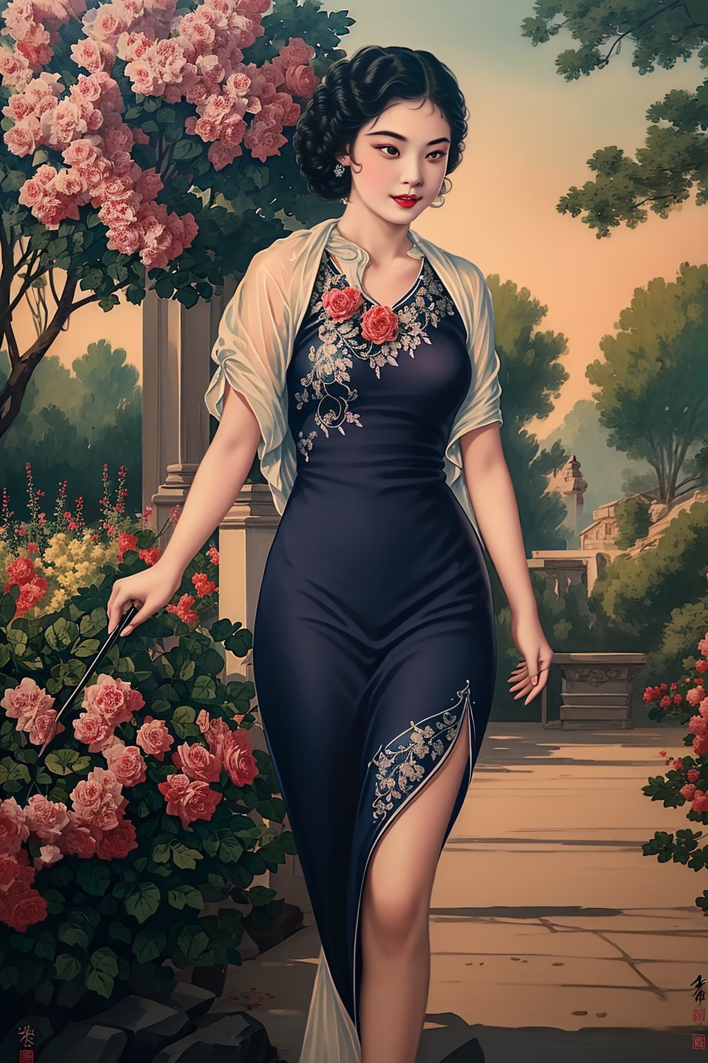 poster,dingxiongquan,minguoguanggao, 1girl (eyes (dark black, crystal clear, long and delicate eyelashes), nose (raised, slightly upturned nose tip), lips (rose, defined lip line), hairstyle (black hair, smooth and shiny), skin (fair, flawless, delicate  porcelain), posture (walking confidently and elegantly, light and elegant gait), (looking at the viewer, flowing hair, curly hair, short hair, outdoor, upper body): 1.53)Background ((Rose Field): 1.5, Sky),Masterpiece, Best Quality, Unreal Engine 5 Rendering, Cinematic Lighting, Cinematic Lenses, Cinematic Effects, Detail, HDR, UHD, 8K, CG Wallpapers