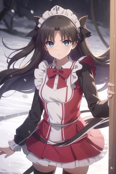 rintohsaka, <lora:rin tohsaka prisma s2s3-lora-nochekaiser:1>,rin tohsaka, long hair, black hair, two side up, aqua eyes, bow, hair bow,BREAK thighhighs, dress, frills, black thighhighs, zettai ryouiki, long sleeves, maid, maid headdress, red dress,BREAK outdoors, snow,BREAK looking at viewer, (cowboy shot:1.5), dynamic pose,BREAK <lyco:GoodHands-beta2:1>, (masterpiece:1.2), best quality, high resolution, unity 8k wallpaper, (illustration:0.8), (beautiful detailed eyes:1.6), extremely detailed face, perfect lighting, extremely detailed CG, (perfect hands, perfect anatomy),