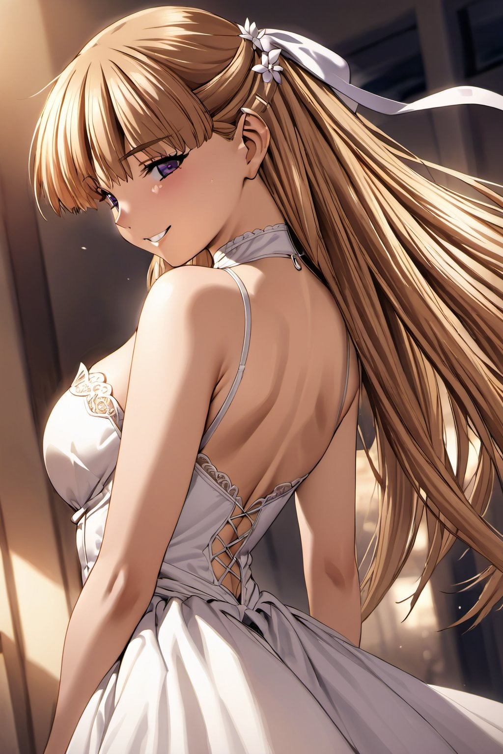 high detailed,very aesthetic,cowboy shot,kanzaki asuka, 1girl, solo, blonde hair, long hair, wedding dress, smile, half updo, hair ribbon, back, looking back,(masterpiece, high-quality, breathtaking, highres, ultra detailed), (expressive eyes, perfect face), <lora:kanzaki asuka ghost:0.8>