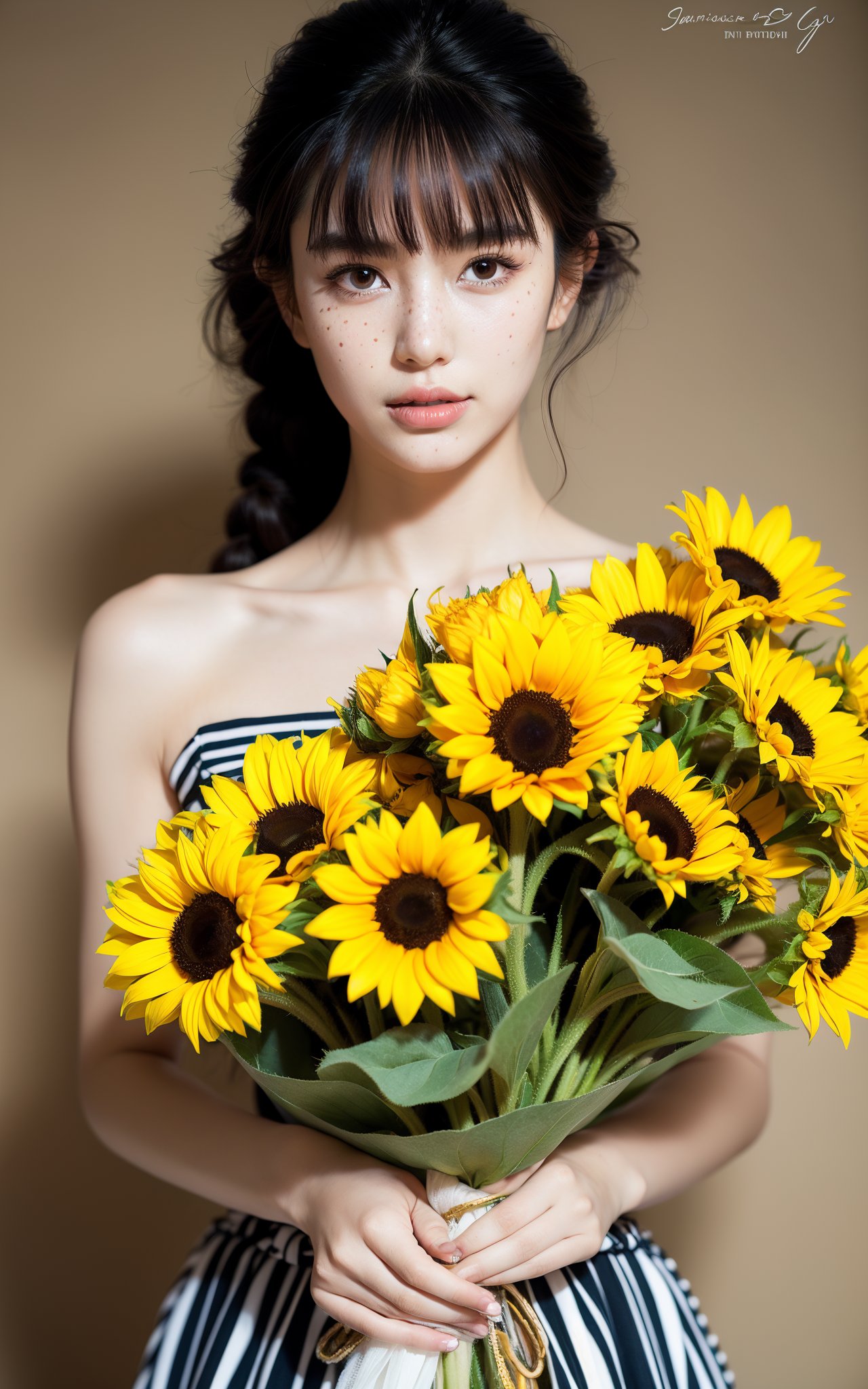 cover art,a woman holding a bouquet of sunflowers in her hand and looking at the camera with a smile,1girl,solo,flower,realistic,black hair,holding,looking at viewer,braid,parted lips,dress,bare shoulders,lips,upper body,long hair,sunflower,strap slip,black eyes,bouquet,striped,bangs,depth of field,freckles,white dress,striped dress,