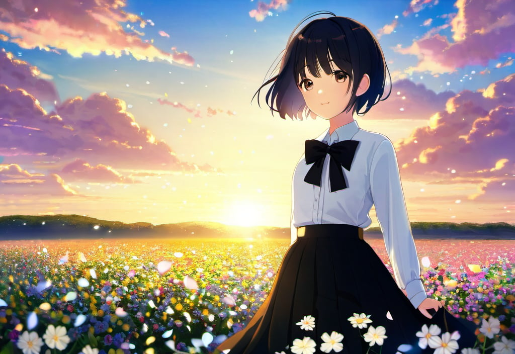 a young woman dressed in a white shirt and a black skirt, standing in a field of flowers. She is wearing a black bow tie and has a flower in her hair. The scene is set during sunset, creating a serene and picturesque atmosphere, masterpiece, best quality, cinematic composition, best lighting, 1girl, flower, solo, field, skirt, flower field, outdoors, black hair, shirt, black skirt, sky, bow, cloud, white shirt, standing, bowtie, black bow, sunset, short hair, looking at viewer, cloudy sky, light particle, petals, sparkle