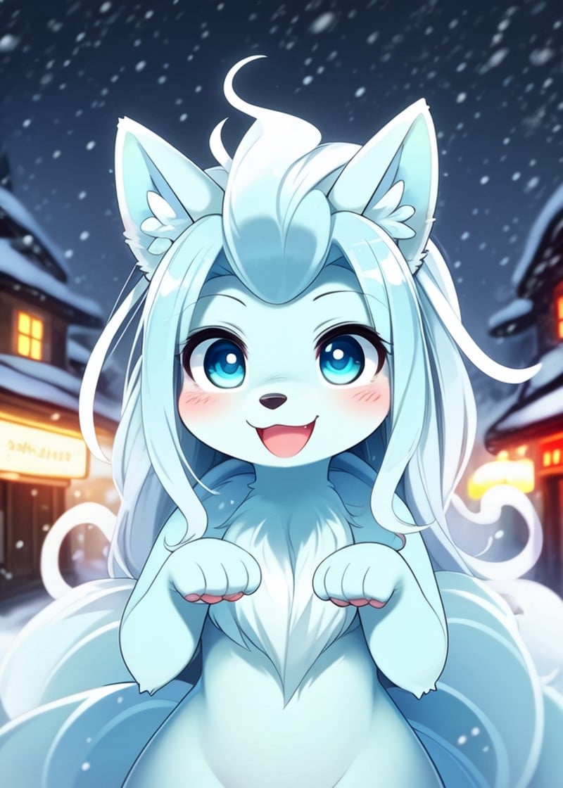 (by Tsampikos, by Kyoto Animation, by Posuka Demizu, by Hu Jieqing), (toony chibi alolan ninetales:1.25), happy, paw pose, front view, half-length portrait, looking at viewer BREAK, colorful forest, snowing, town, plant, sky, masterpiece, best quality, light, 4k, 2k, photography