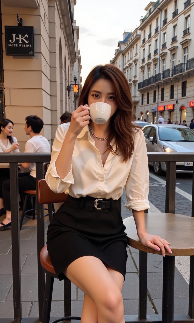 A woman around 25 years old, with a blend of innocence and sensuality, is perched on a stool at a bustling café terrace. The sun is setting, casting a warm, golden light that dances across her features as she sits there, wearing a white JK top and a black JK skirt. The skirt's hem just skims her thighs, revealing a hint of skin that is both playful and alluring.She's sipping on a latte, her fingers wrapped delicately around the mug, her nails painted a soft shade of pink that complements her outfit. Her top is neatly buttoned, but the top button is left undone, offering a glimpse of the delicate chain necklace she wears. The breeze gently ruffles her hair, a chestnut mane that falls in loose waves down her back.Her legs are crossed, the black skirt riding up just a bit more, showcasing her toned calves. Her feet are adorned with a pair of simple, black ballet flats, a touch of elegance that matches her overall style. As she takes a sip, her eyes scan the street, a look of relaxed curiosity on her face.Her expression is one of contentment, with a hint of a smile that suggests she's enjoying the simple pleasure of a coffee break. When she catches someone's gaze, her eyes light up with a warm, inviting sparkle. She raises her eyebrows slightly, a silent invitation to join her, her lips curving into a more pronounced smile that reveals a dimple in her left cheek.As a group of laughter-rich friends walks by, she turns her head to follow their joyous sound, her hair swishing with the movement. Her own laughter joins theirs for a moment, a melodious sound that is as infectious as it is beautiful. She brings her hand to her mouth to cover her笑, her eyes crinkling at the corners, showing lines of genuine mirth.The woman's sexiness and charm are not in her attire alone, but in the way she carries herself—confident yet approachable, with an air of ease that makes everyone around her feel at home. She is a vision of youthful elegance, a magnetic presence on this lively street corner, drawing the admiration of all who pass by.