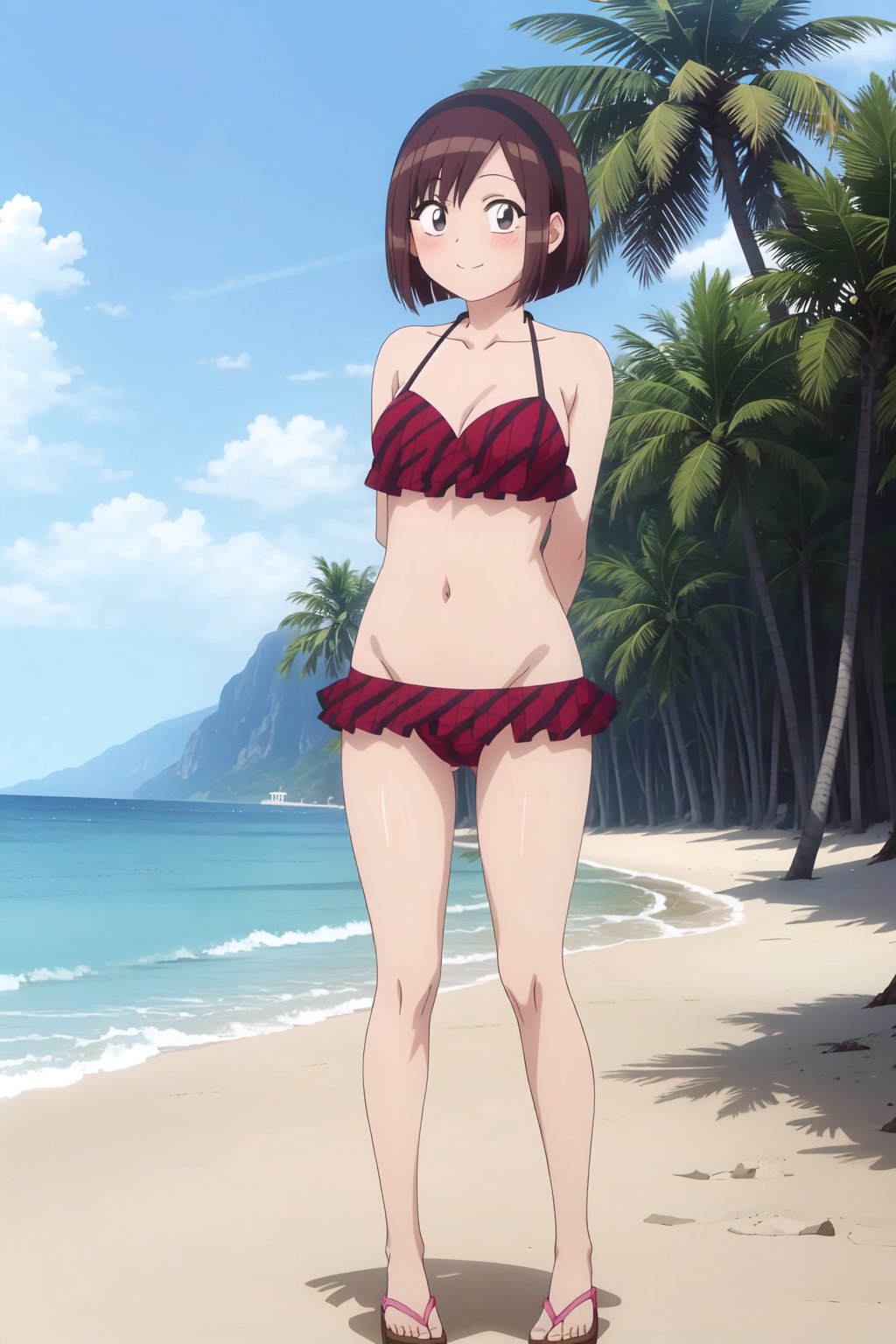 Ayami Sasaki, 4k, absurd, high resolution, ultra high resolution, high definition, masterpiece, illustration, 2d, anime style, 1 girl, alone, short hair, brown hair, brown eyes, hair band, smile, blush, beach, bikini, looking at viewer, full body, hands behind back<lora:EMS-466062-EMS:0.800000>