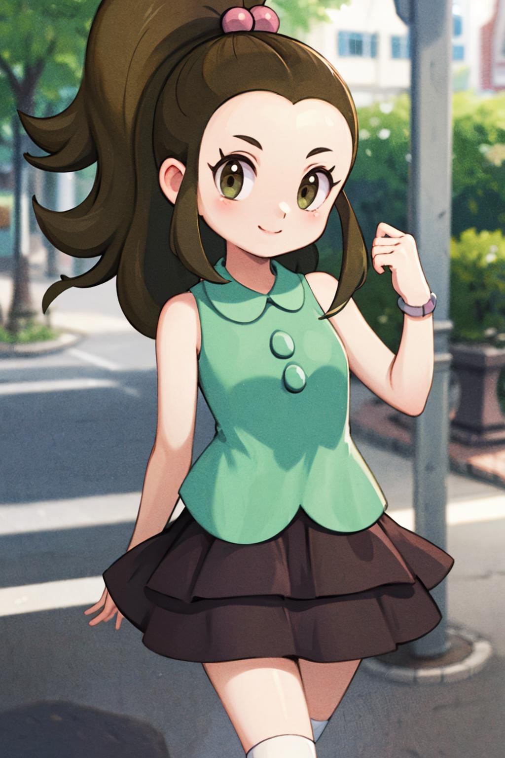 masterpiece,best quality,illustration,beautiful detailed girl, highres,1girl,<lora:GoodHands-beta2:1:lbw=MIDD>,nice hands, perfect hands,<lora:schoolkid oras:1>,schoolkid oras,hair bobbles,forehead,sleeveless shirt,brown skirt,kneehighs,sneakers,walking,(full body:1.2),town,smile