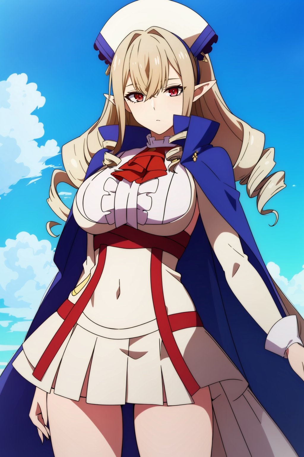 <lora:苏菲亚1V-000007:0.6>,1girl,苏菲亚,solo,long hair,hair between eyes,drill hair,pointy ears,sidelocks,red eyes,hat,cape,skirt,navel,midriff,white dress,miniskirt,pleated skirt,frills,large breasts,red ascot,shirt,center frills,high collar,long sleeves,high collar,underbust,hairband,short sleeves,fingernails,cowboy shot,blue sky,panties,, Exquisite visuals, high-definition,masterpiece,best quality,