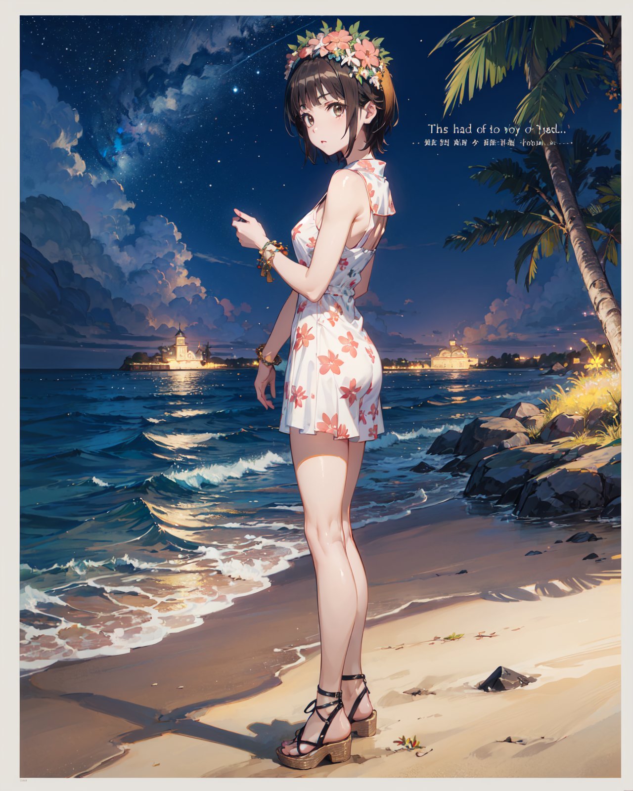 <lora:Uiharu-000007:0.8>,Uiharu CYQL,1girl,looking at viewer,solo,short hair,black hair,brown eyes,head wreath,flower,hair flower,(Floral_printed_romper:1.5),(Wedge_sandals:1.4),(Stacked_bangles:1.3),(Beachside_resort_background:1.3),(bored:1.2),beautiful face,beautiful eyes,glossy skin,shiny skin,(panorama,from_side,standing:1.2),finger gun,Rocky beach, Campfire, Midnight, Firelight, Waves crashing, Serenity,Cosmos flowers,beautiful detailed sky,beautiful detailed glow,(English text:1.3),(border:1.5),posing in front of a colorful and dynamic background,(masterpiece, best quality, beautiful and aesthetic:1.3),contrapposto,female focus,fine fabric emphasis,wallpaper,fashion,Lipstick,depth of field,intricate_detail,finely_detailed,fine_fabric_emphasis,(glossy),<lora:增强减少细节add_detail:0.4>,