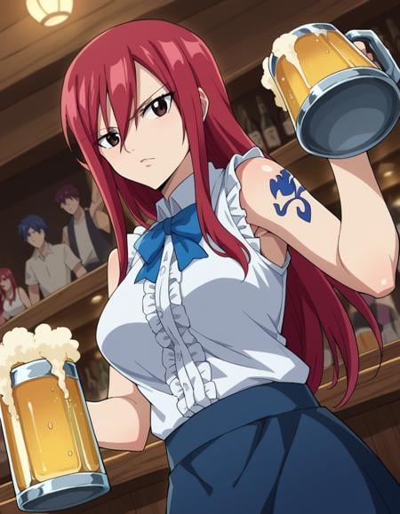 score_9, score_8_up, score_7_up, source_anime,erzascarlet, <lora:erza-scarlet-ponyxl-lora-nochekaiser:1>erza scarlet, long hair, red hair, hair between eyes, brown eyes,skirt, shirt, bow, boots, sleeveless, sleeveless shirt, tattoo, white shirt, frills,indoors, bar, beer, mug, drinking, looking at viewer, dutch angle, cowboy shot