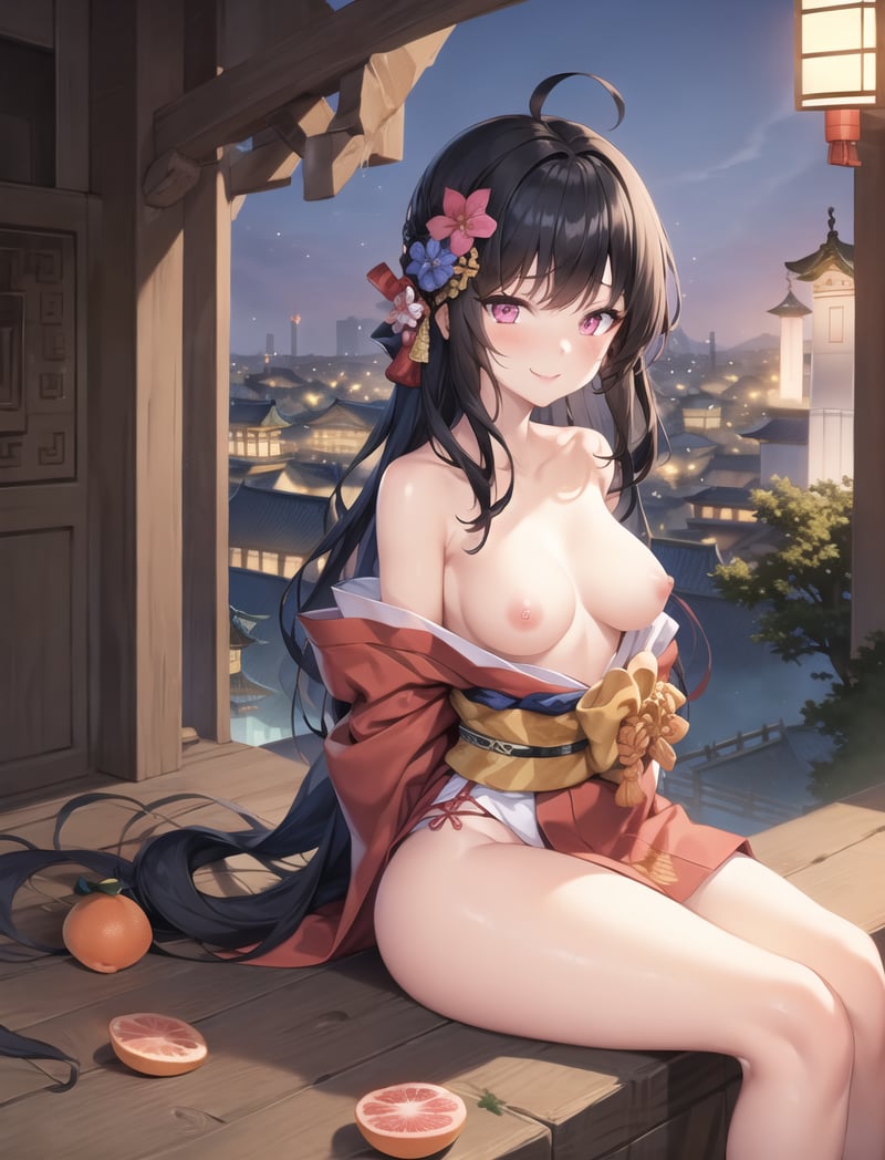 masterpiece, best quality, 1girl, pink eyes, long hair, black hair, (grapefruit), (temple in background), sitting, kimono, medium breasts, topless, light smile, arms behind back, [nipples],