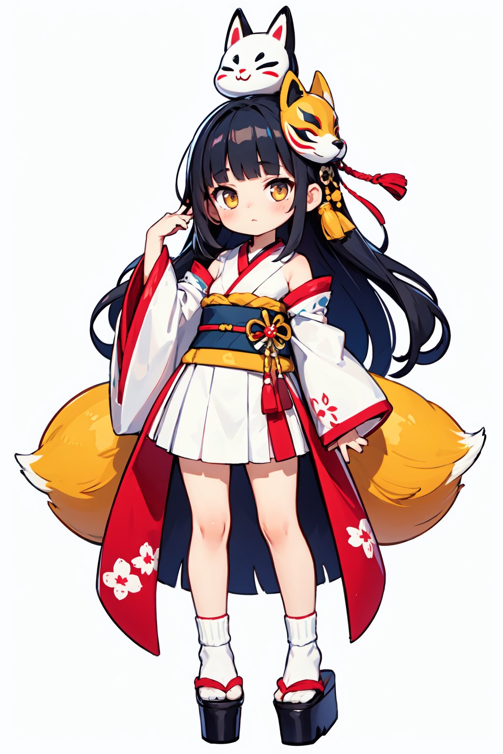 1girl,solo,long hair,black hair,full body,japanese clothes,very long hair,white background,tabi,mask,looking at viewer,simple background,wide sleeves,skirt,kimono,platform footwear,standing,socks,geta,bangs,floral print,sash,bell,hair ornament,detached sleeves,fox mask,mask on head,white socks,blunt bangs,obi,