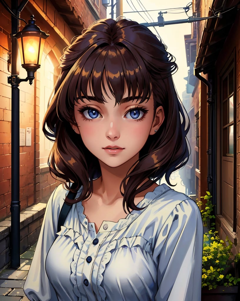 masterpiece, best quality, portrait of a 18yo woman ,  (foggy alleyway gas lamps:1.1) ,  color photo, cinematic, cinematic lighting, legenndary aged queen, anime, gorgeous 18-year-old woman, perfect eyes, graceful, landscape shot,  upper body, looking at viewer, standing, happy, enthusiastic