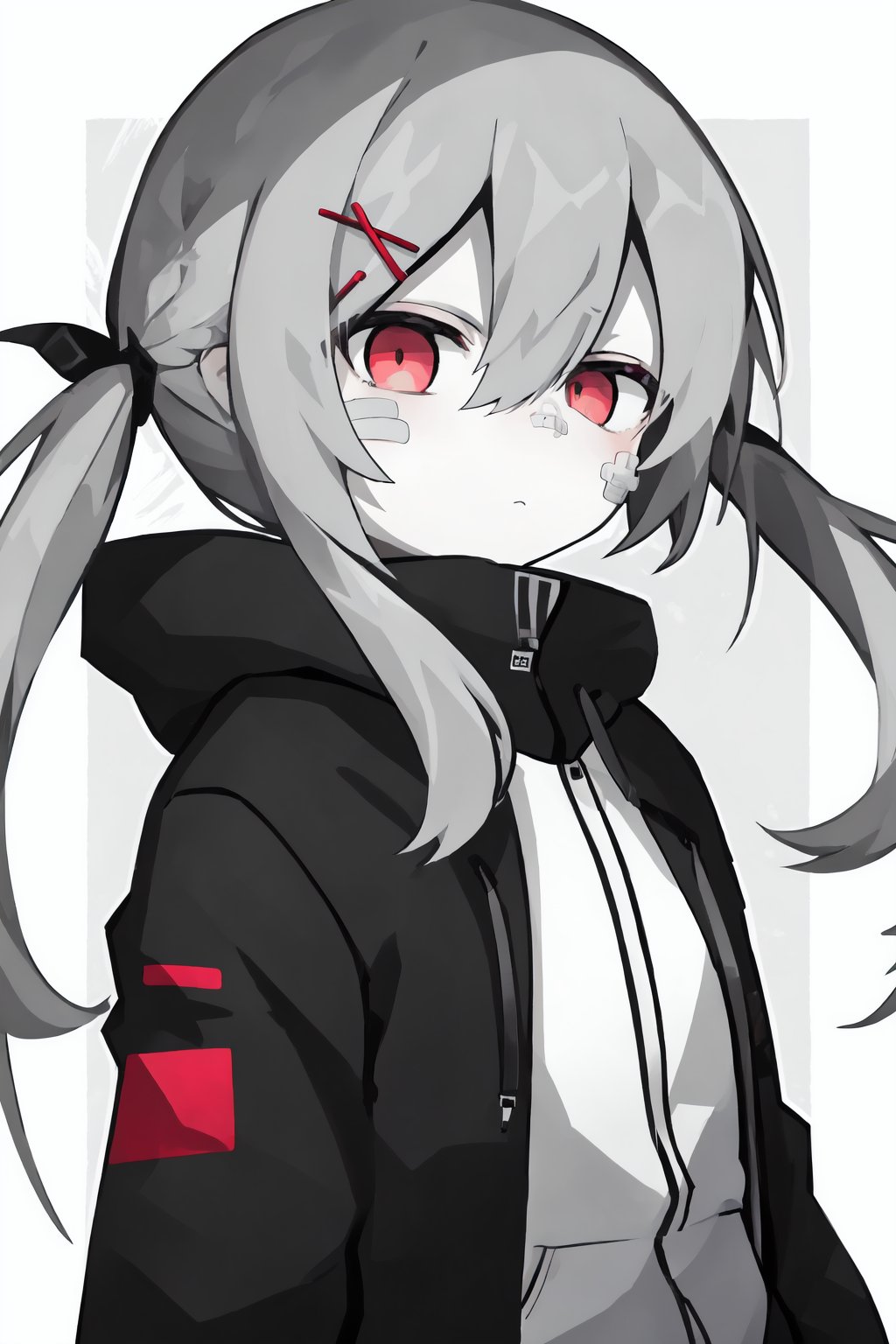 1girl, hair ornament, hood, bandaid, solo, long hair, grey hair, bandaid on face, jacket, red eyes, looking at viewer, long sleeves, hairclip, closed mouth, pale skin, grey eyes, twintails, hair between eyes, bandaid on cheek, hooded jacket, bangs, x hair ornament, black jacket, hoodie, upper body, chibi, so-style