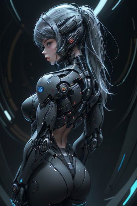 a_photo_of a woman, looking at viewer, (3/4 view:1.5), (full middle body:1.5), detailed face, futuristic, high-tech carbon fiber and ceramic armor, high-tech helmet, cybernetics, blu-gray hair color, <lora:Cyberpunk01:80.0>, breath taking futuristic hardware background, (seductive pose:1.5), (light smile:0.3)