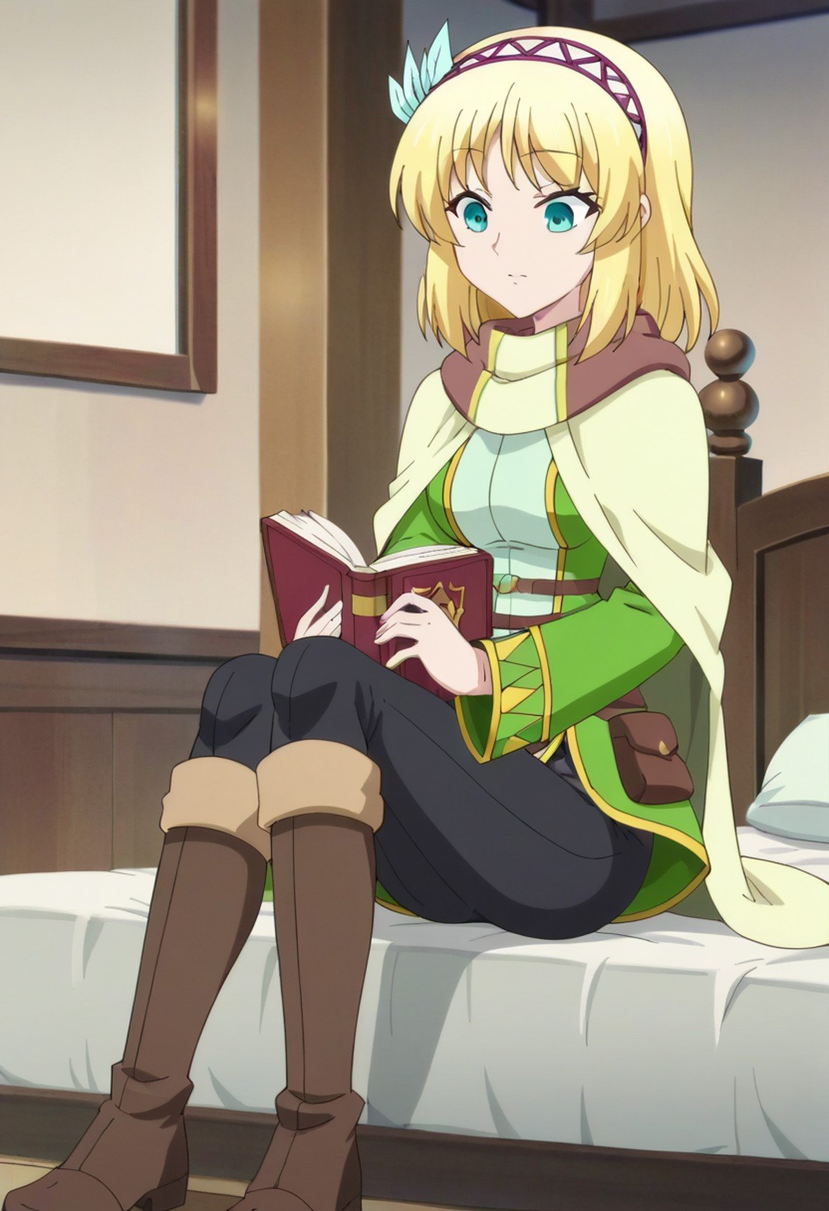 score_9, score_8_up, score_7_up, score_6_up, score_5_up, score_4_up , anime coloring ,BREAK source_anime, anime,screencap,1girl, solo, bangs, blonde hair, hair ornament, long sleeves, green eyes, hairband, boots, pants, medium hair, cape, aqua eyes, book, brown footwear, knee boots, feathers, feather hair ornament, <lora:PonyXL Cayna V1:1>indoors, bedroom, sitting on bed,