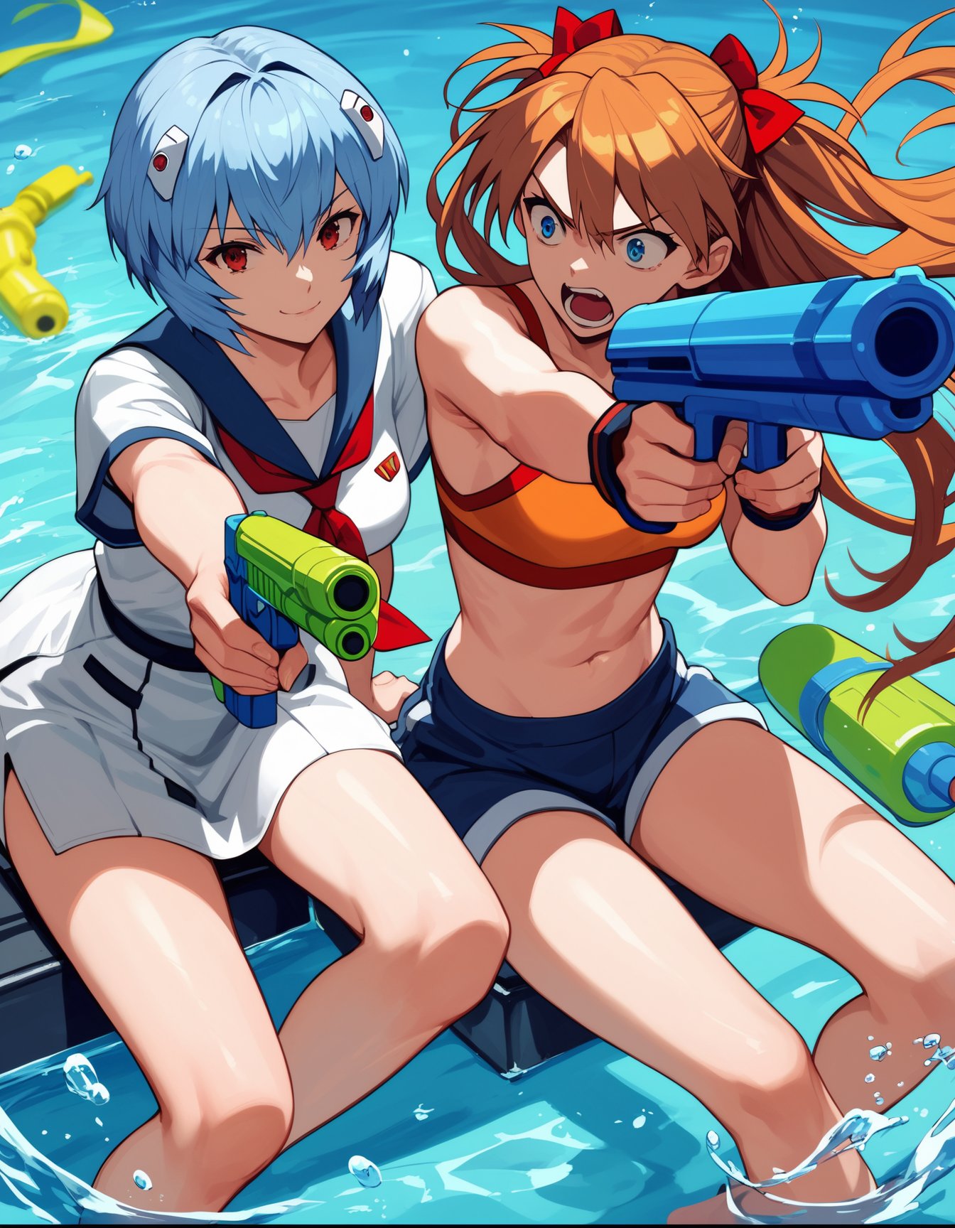 score_9,  score_8_up, score_7_up, source_anime, 2girls, water gun, water BREAKayanami rei, blue hair, smirk BREAKsouryuu asuka langley,  shouting, looking at another