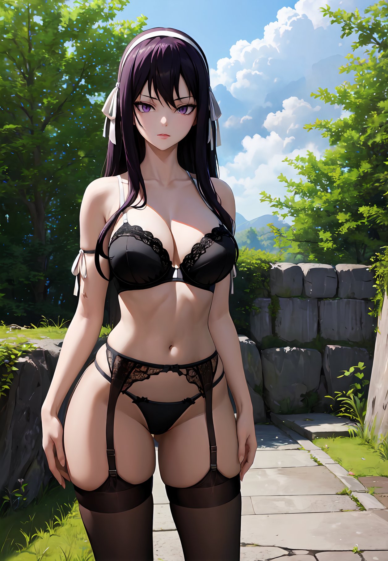masterpiece, best quality, very aesthetic, ultra detailed, intricate details, 4k, anime style,MilkovichAi, 1girl, solo, black hair, purple eyes, hair ribbon, white hairband, hairband, long hair, breasts, large breasts,UnderwearDef, thighhighs, bare shoulders, underwear, panties, sidelocks, thighs, bra, highleg, garter straps, underwear only, lingerie, garter belt, thong, string panties, g-string, lace bra, upper body, looking at viewer, hands on own hips, forest, outdoors, tree, sunlight, cloudy, <lora:Milkovich:0.9>, <lora:Underwear:1>