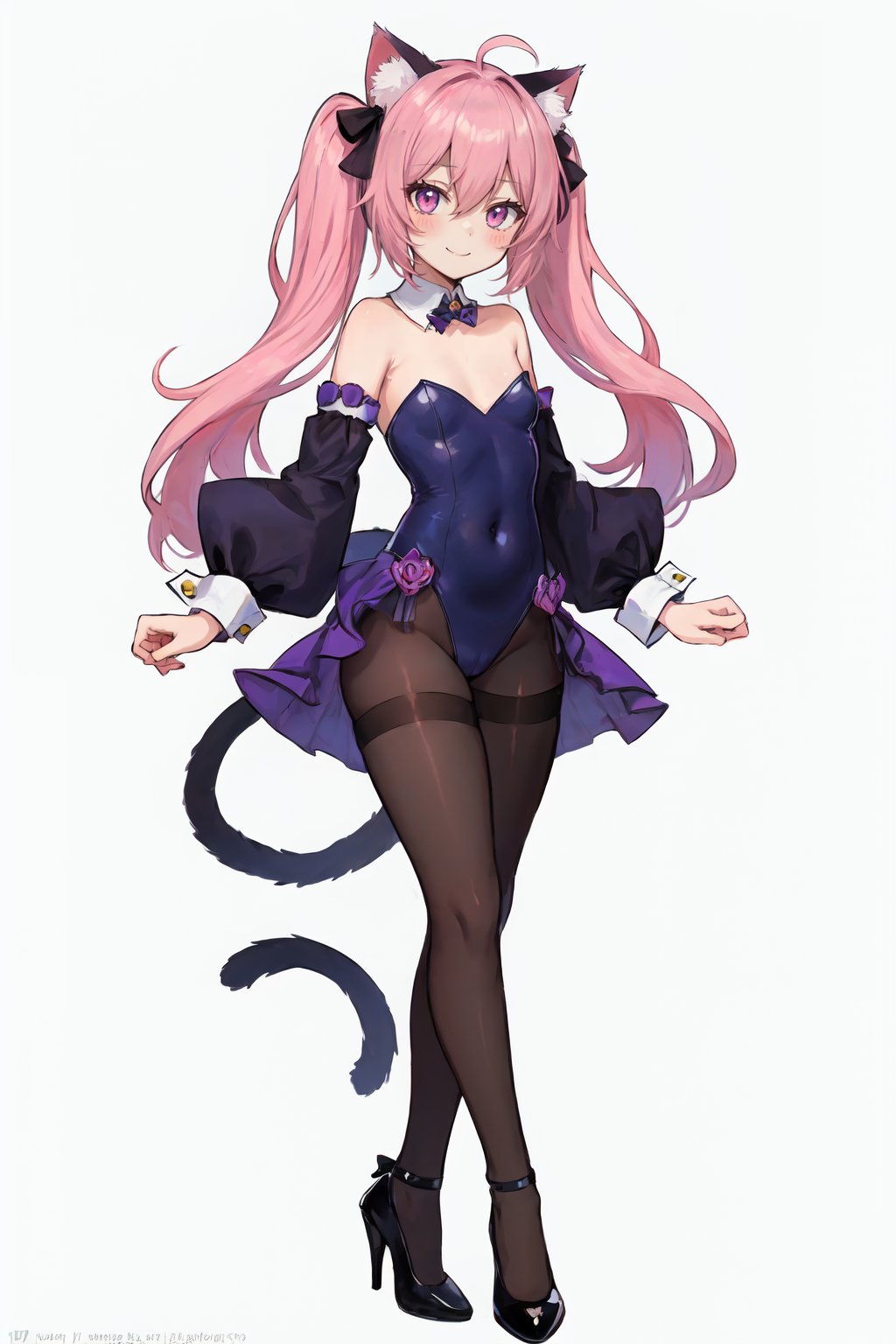 1girl, nyatasha nyanners, , vshojo, ahoge, animal ears, artist name, bare shoulders, breasts, cat ears, cat girl, cat tail, covered navel, detached collar, detached sleeves, full body, hair between eyes, high heels, leotard, long hair, looking at viewer, pantyhose, pink hair, purple background, simple background, single sleeve, small breasts, smile, solo, strapless, strapless leotard, tail, thighs, twintails, virtual youtuber, watermark, wrist cuffs, 